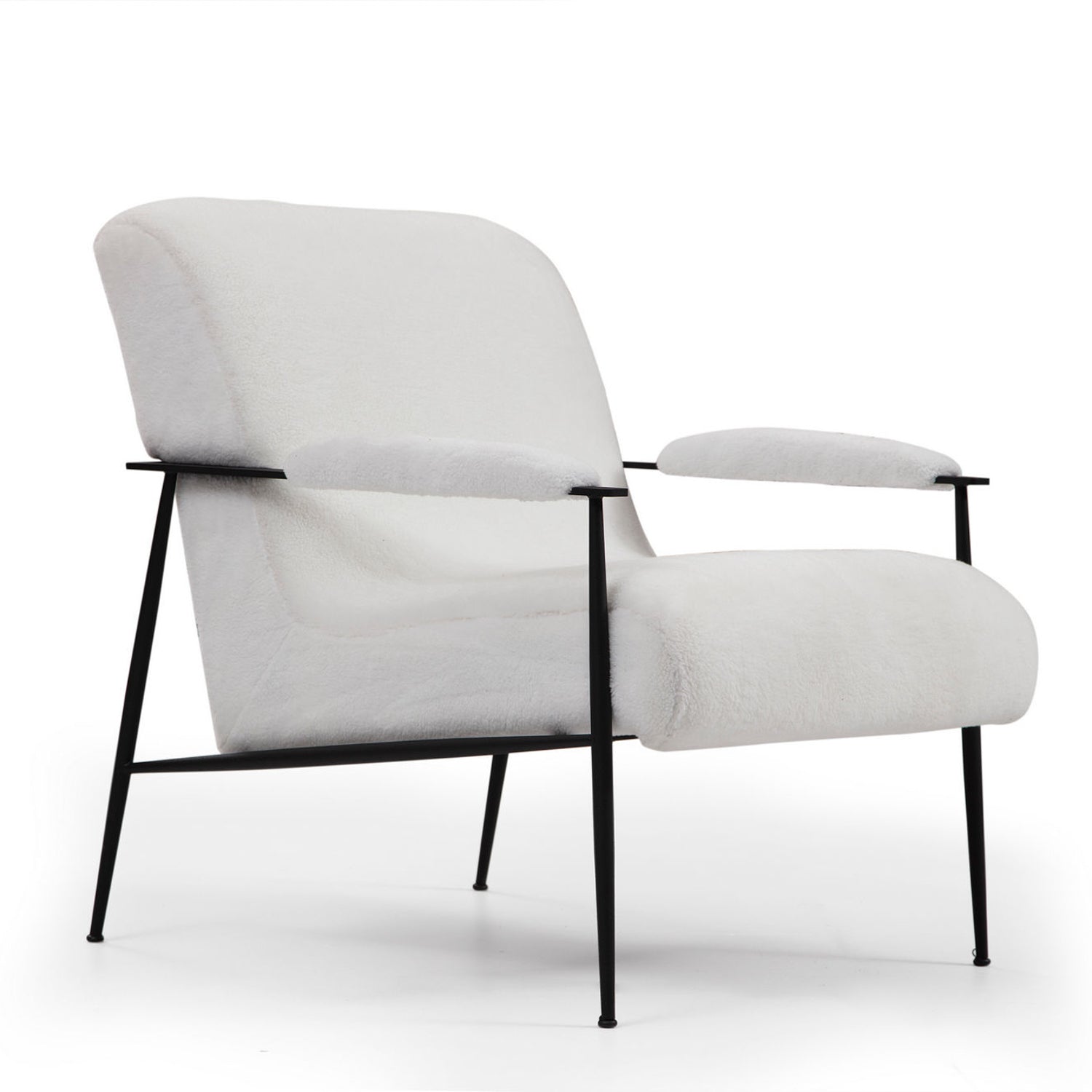 Poltrona Elegante, Branca, 75x80x85 cm | Estrutura em madeira de faia e aglomerado, 100% poliéster, encosto ajustável, pernas de metal preto fosco | Ideal para decoração de hotéis e escandinava