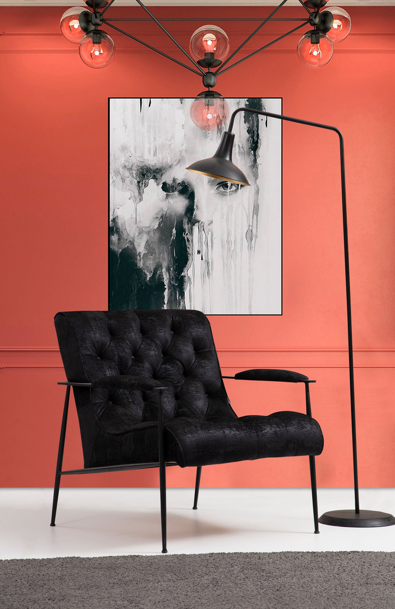 Poltrona de orelhas estilosa, preta, 75 x 80 x 85 cm | Estrutura em madeira de faia e aglomerado, 100% poliéster, espuma macia e almofadas de penas | Design industrial moderno