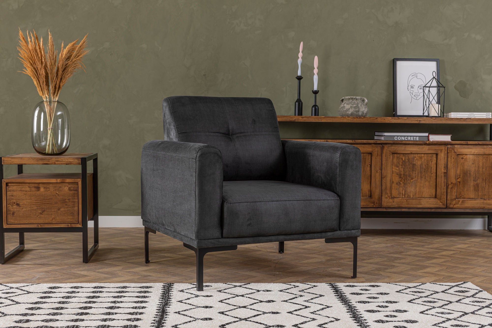 Poltrona de Asa Elegante, Antracite, 88 x 86 x 88 cm | Estrutura em madeira de faia e aglomerado, 100% poliéster, espuma macia e almofadas de penas | Design Industrial Moderno
