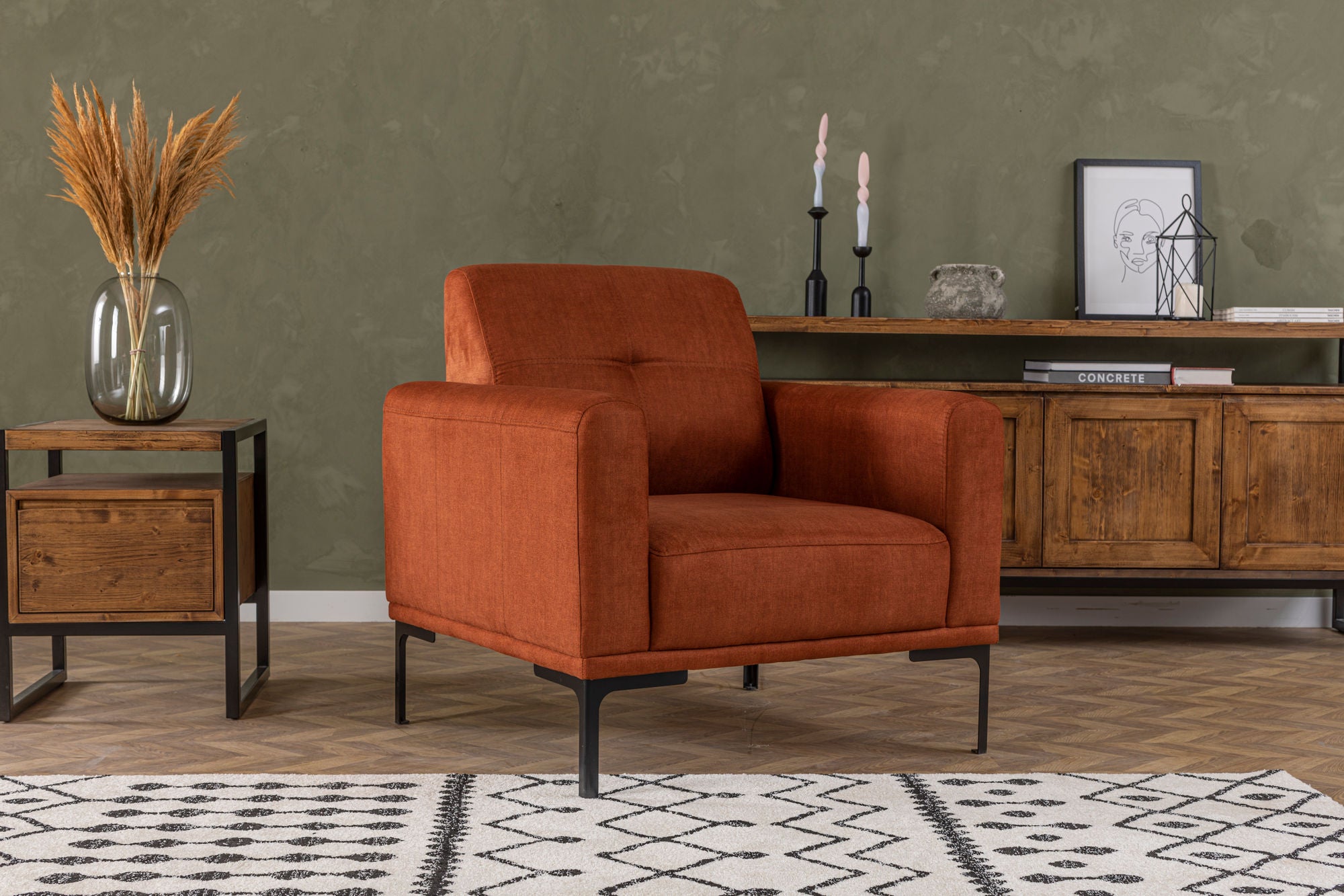 Poltrona Elegante, Laranja, 88x86x88 cm | Estrutura em madeira de faia e aglomerado, 100% poliéster, espuma macia e almofadas de penas | Design Industrial Moderno