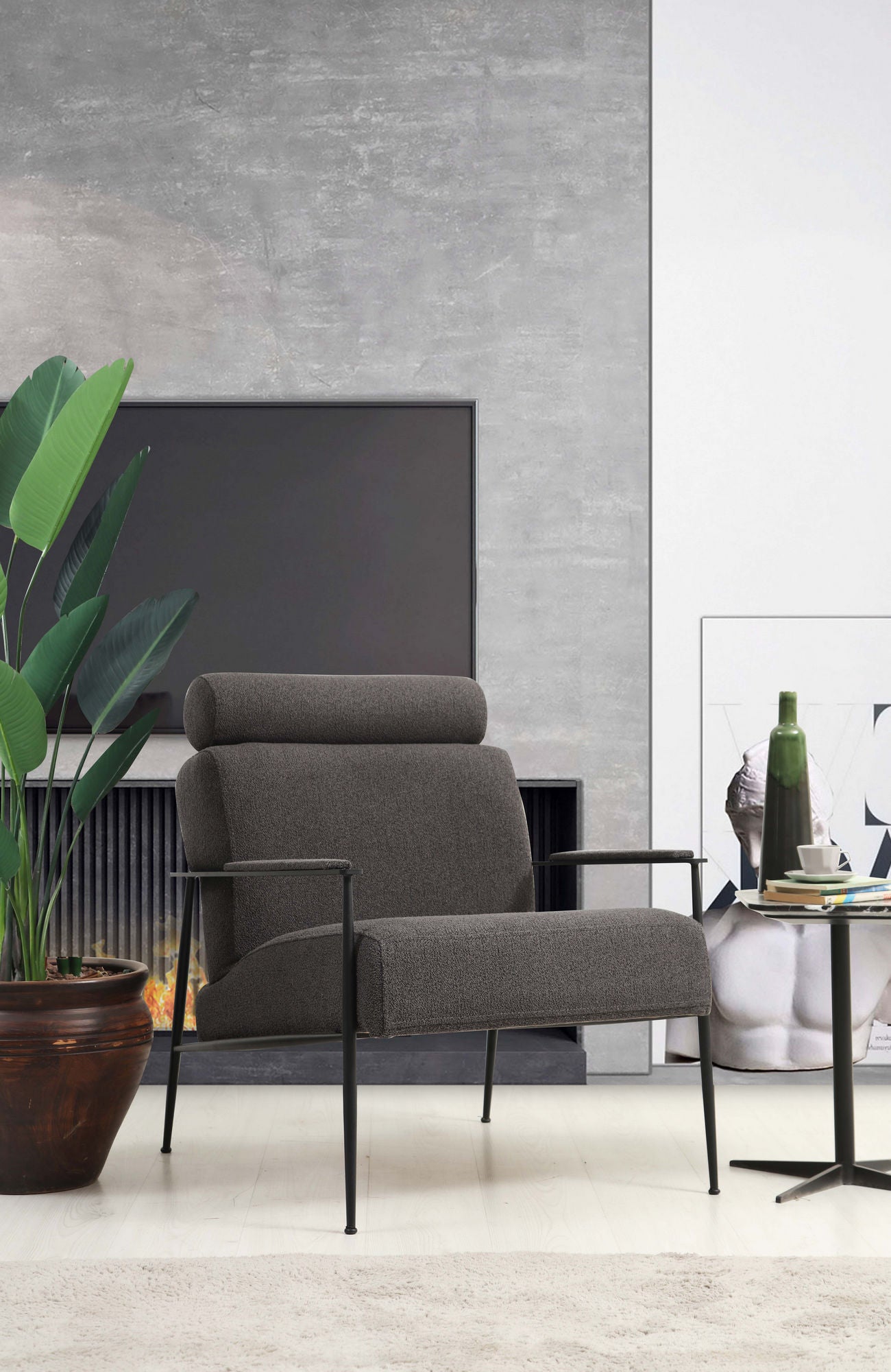 Poltrona de orelhas estilosa, tecido cinza, estrutura de madeira de faia e aglomerado, 75x80x90 cm | Almofadas de espuma macia e penas, pernas de metal preto fosco | Perfeita para decoração moderna de hotéis e indústrias