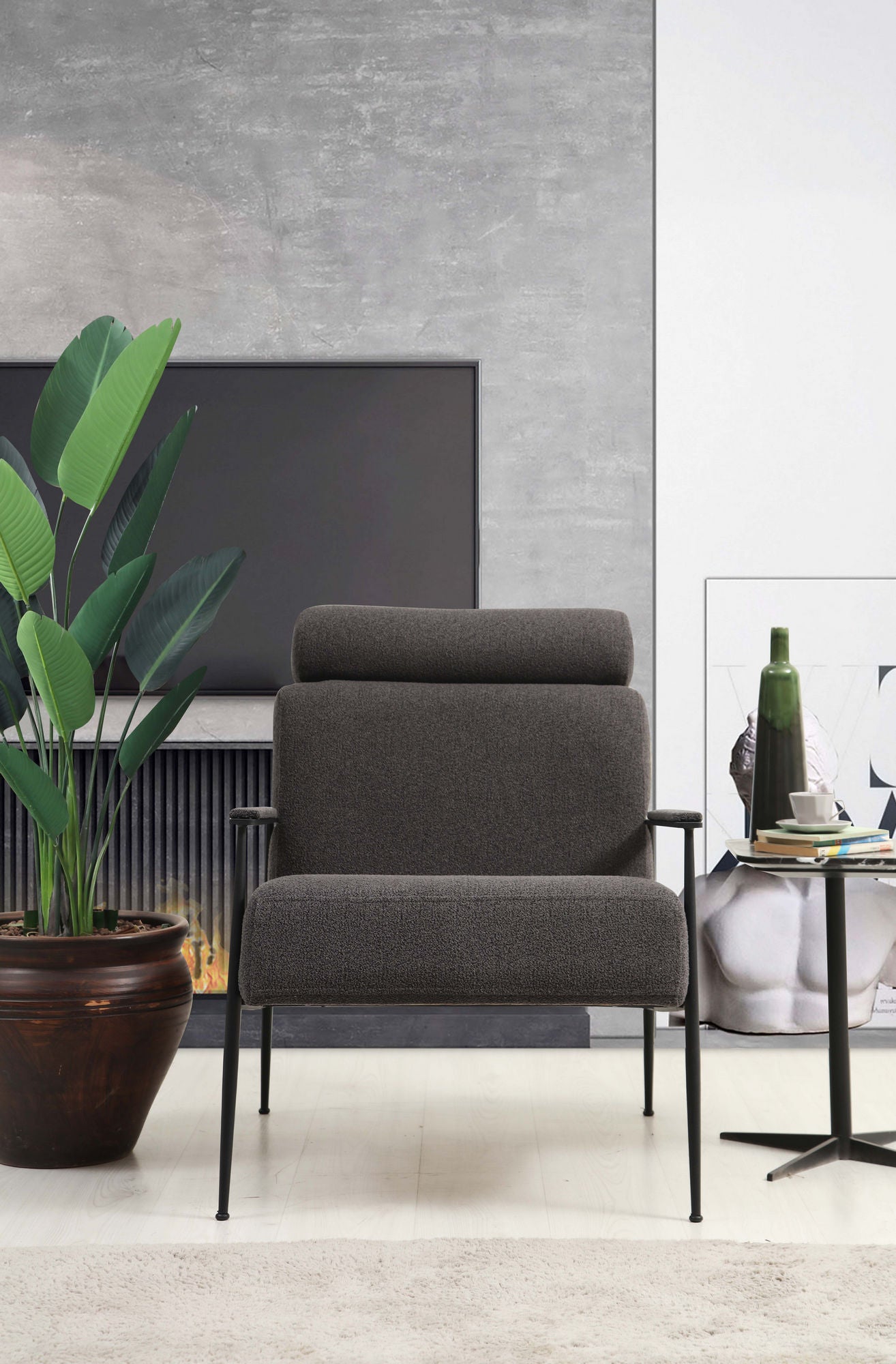 Poltrona de orelhas estilosa, tecido cinza, estrutura de madeira de faia e aglomerado, 75x80x90 cm | Almofadas de espuma macia e penas, pernas de metal preto fosco | Perfeita para decoração moderna de hotéis e indústrias