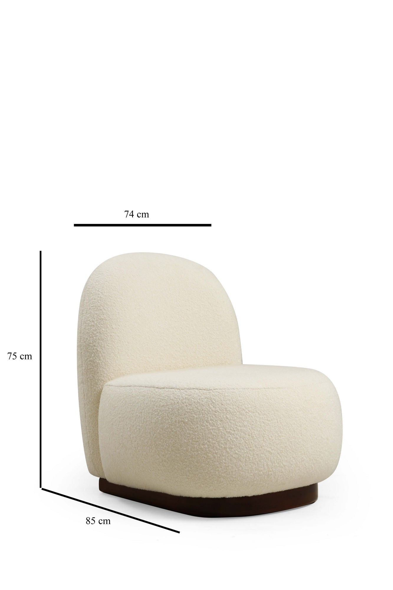 Poltrona Elegante, Bouclet Branco, 74 x 85 x 75 cm | Estrutura em madeira de faia e aglomerado, 100% poliéster, pernas em nogueira | Perfeita para decoração escandinava e hoteleira