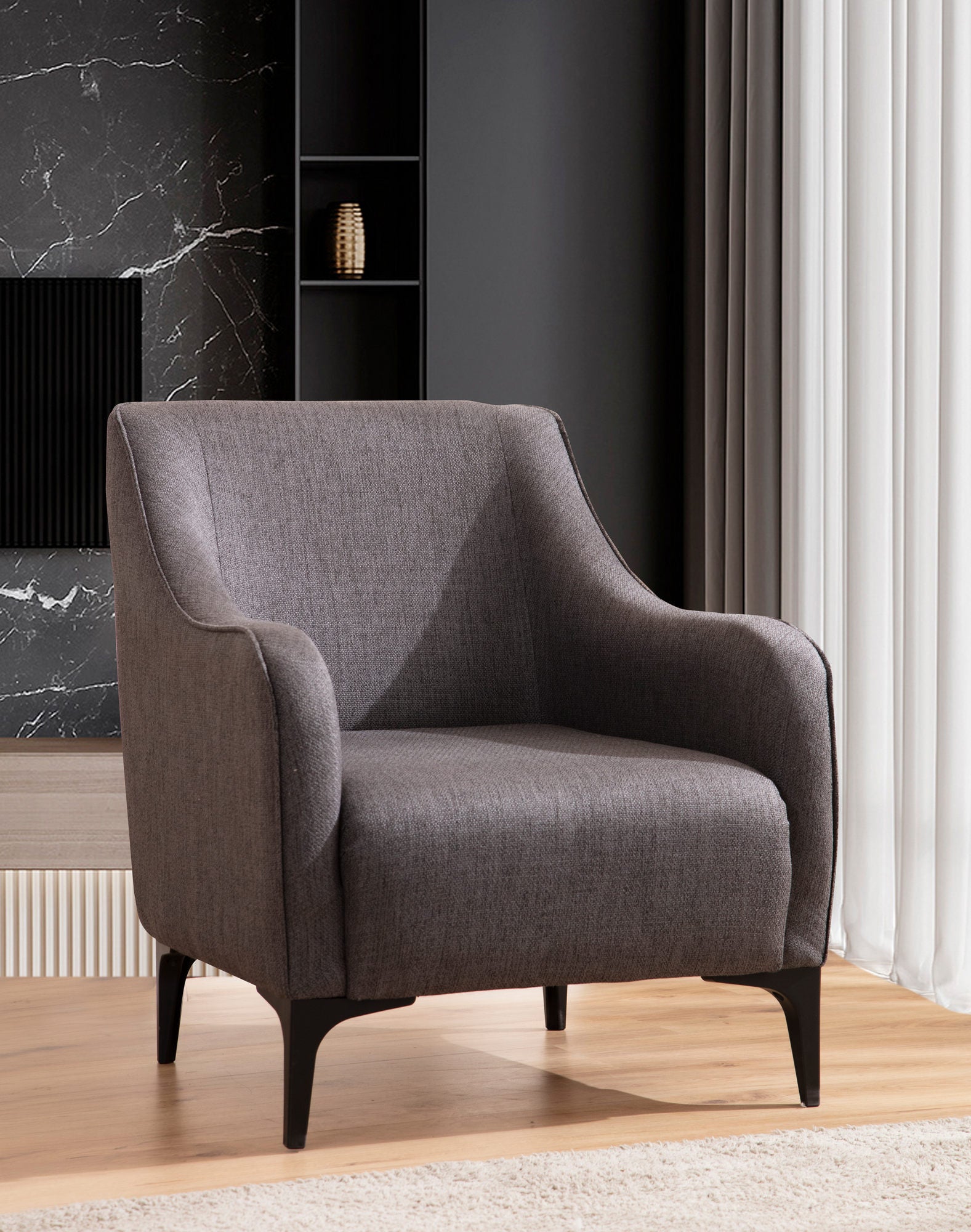 Poltrona Elegante, Cinza Escuro, 94 x 87 x 77 cm | Estrutura em madeira de faia e aglomerado, 100% poliéster, almofadas de espuma e penas | Perfeita para espaços modernos e industriais