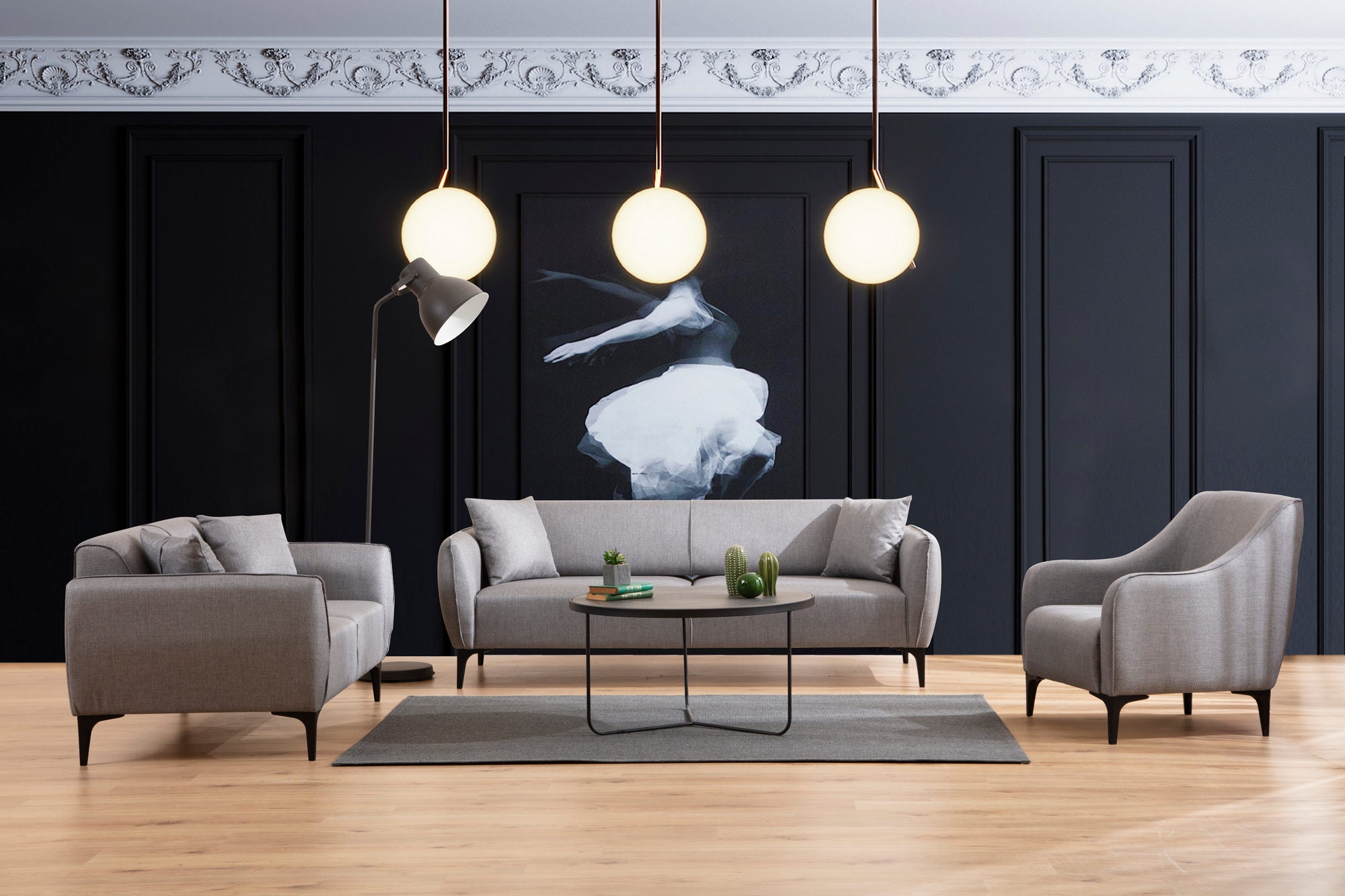 Poltrona Elegante, Tecido Cinza, Estrutura em Madeira de Faia, 94x87x77 cm | 100% Poliéster, Almofadas de Espuma e Penas, Inclui 2 Travesseiros | Design Industrial Moderno