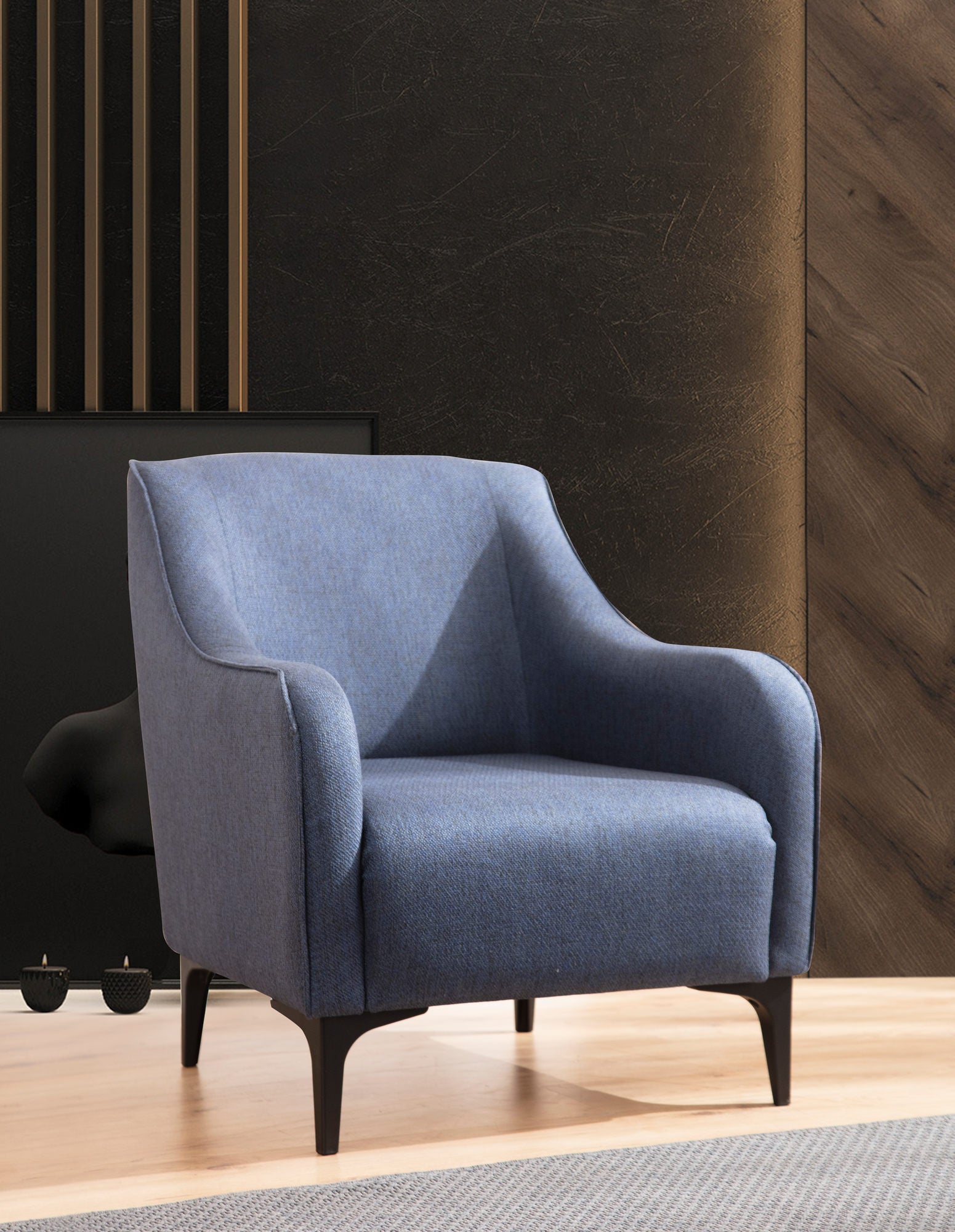 Poltrona Elegante Azul, Estrutura em Madeira de Faia e Aglomerado, 94x87x77 cm | Almofadas 100% Poliéster, Espuma e Penas, Inclui 2 Travesseiros | Design Escandinavo Moderno