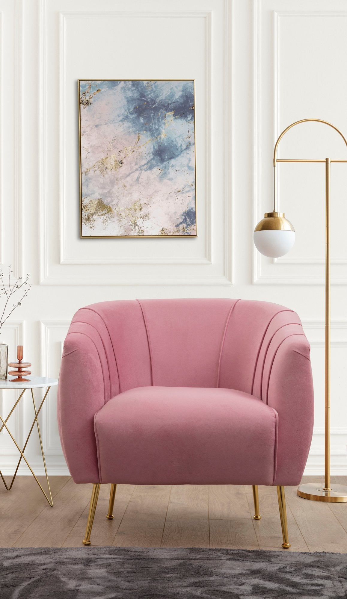 Poltrona elegante em rosa-pó, estrutura de madeira de faia e aglomerado, 85x85x80 cm | Almofadas macias de espuma e penas, pernas de metal dourado | Perfeita para decoração glamorosa