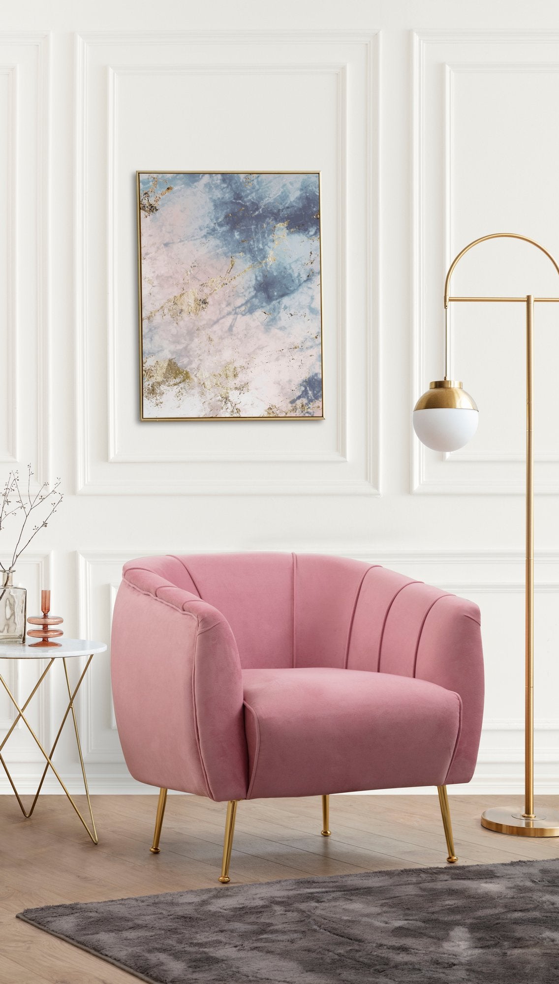 Poltrona elegante em rosa-pó, estrutura de madeira de faia e aglomerado, 85x85x80 cm | Almofadas macias de espuma e penas, pernas de metal dourado | Perfeita para decoração glamorosa