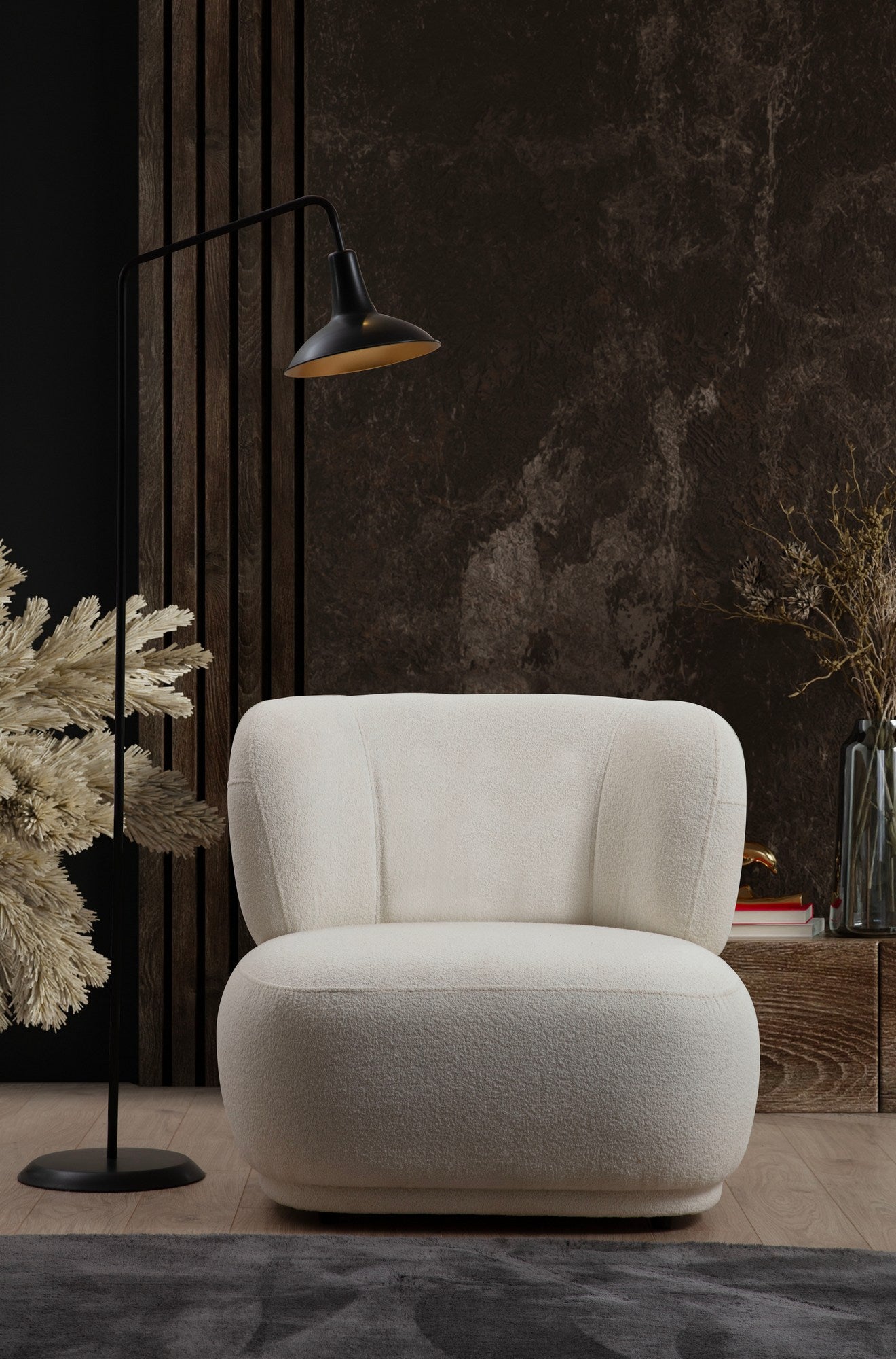 Poltrona Elegante, Branca, 85 x 78 x 80 cm | Estrutura em madeira de faia e aglomerado, 100% poliéster, espuma macia e almofada de mola | Inclui 2 almofadas redondas