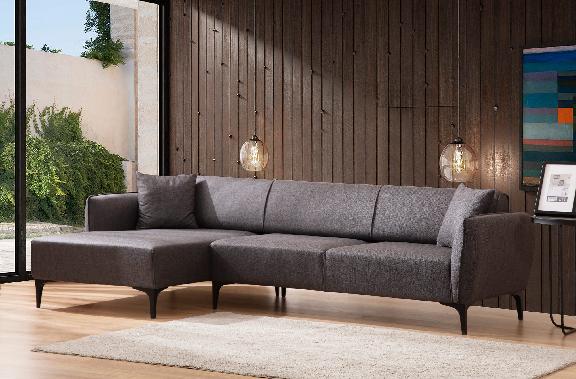 Sofá de canto elegante, cinza escuro, 140 x 270 cm | Estrutura em madeira de faia e aglomerado, 100% poliéster, encosto giratório, 2 almofadas incluídas | Design escandinavo moderno