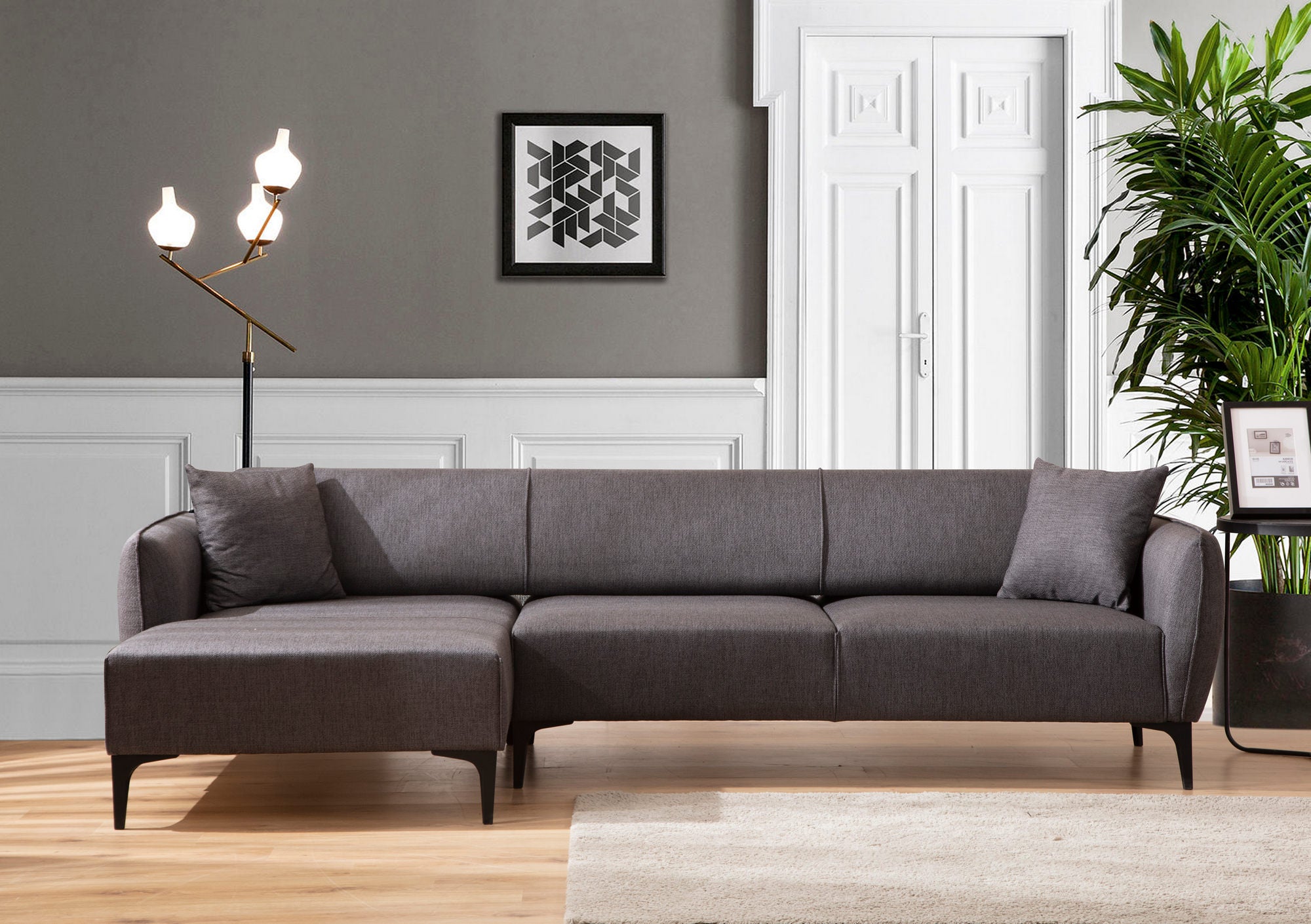 Sofá de canto elegante, cinza escuro, 140 x 270 cm | Estrutura em madeira de faia e aglomerado, 100% poliéster, encosto giratório, 2 almofadas incluídas | Design escandinavo moderno