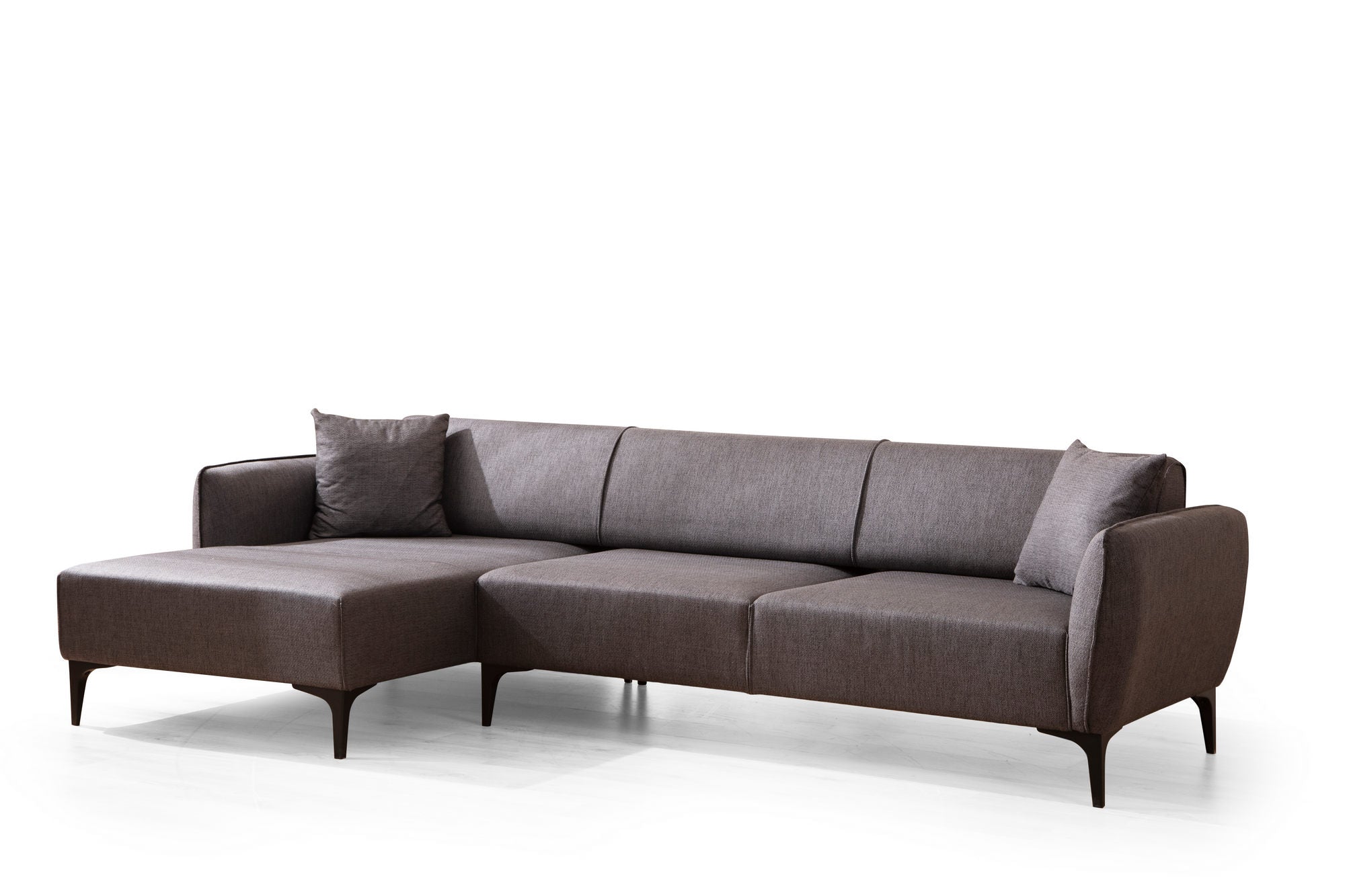 Sofá de canto elegante, cinza escuro, 140 x 270 cm | Estrutura em madeira de faia e aglomerado, 100% poliéster, encosto giratório, 2 almofadas incluídas | Design escandinavo moderno