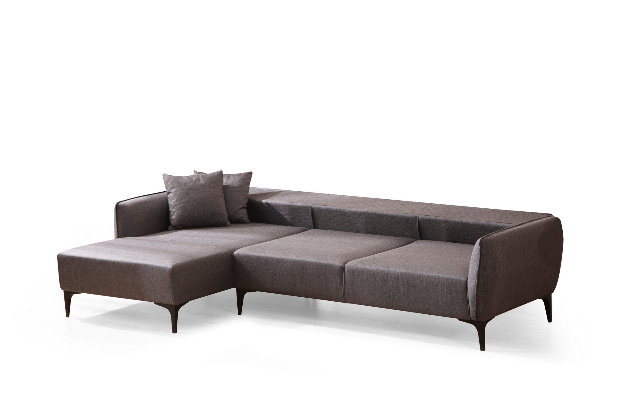 Sofá de canto elegante, cinza escuro, 140 x 270 cm | Estrutura em madeira de faia e aglomerado, 100% poliéster, encosto giratório, 2 almofadas incluídas | Design escandinavo moderno