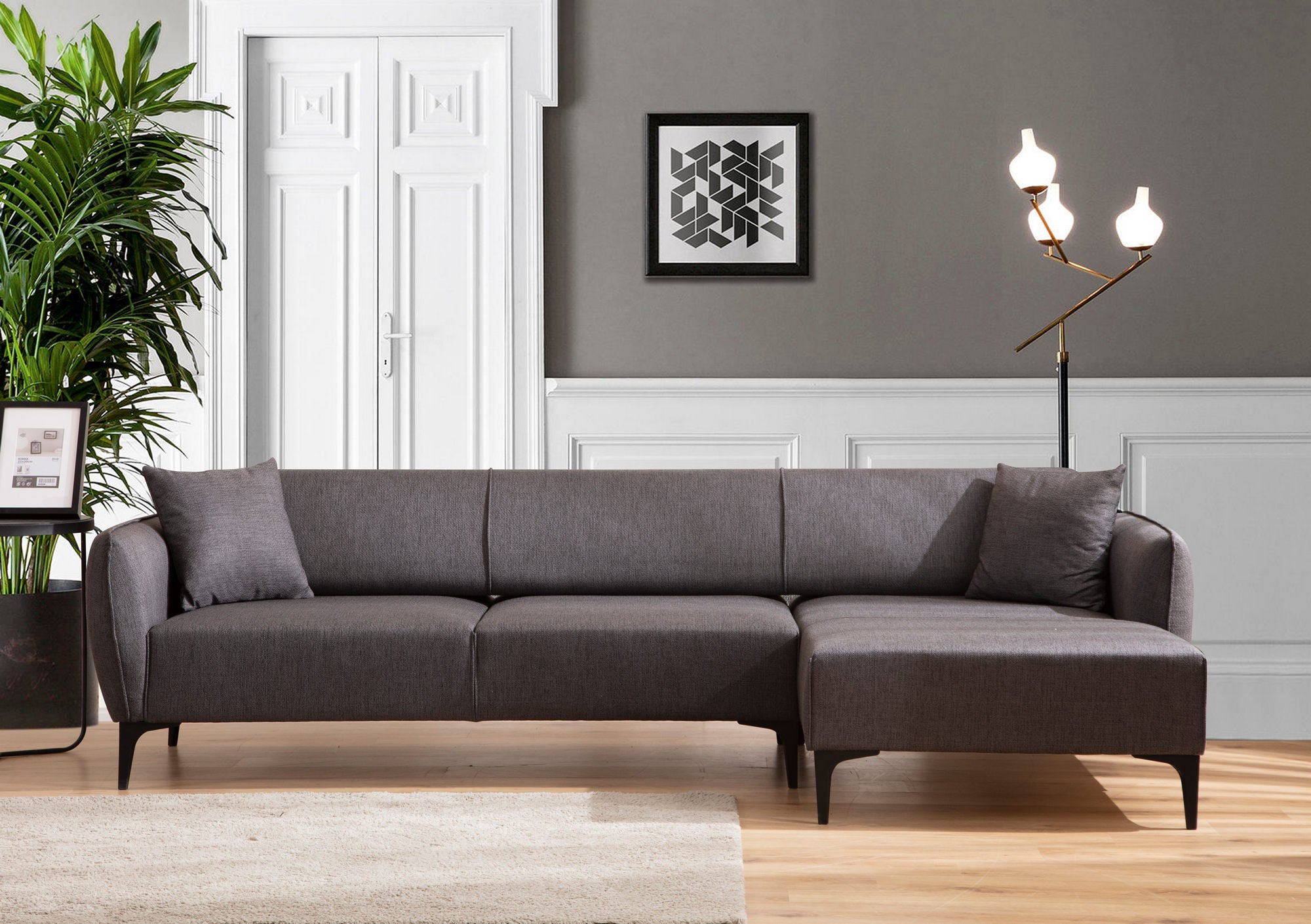 Sofá de canto elegante, cinza escuro, 270 x 140 cm | Estrutura em madeira de faia e aglomerado, 100% poliéster, encosto giratório, inclui 2 almofadas | Design escandinavo moderno
