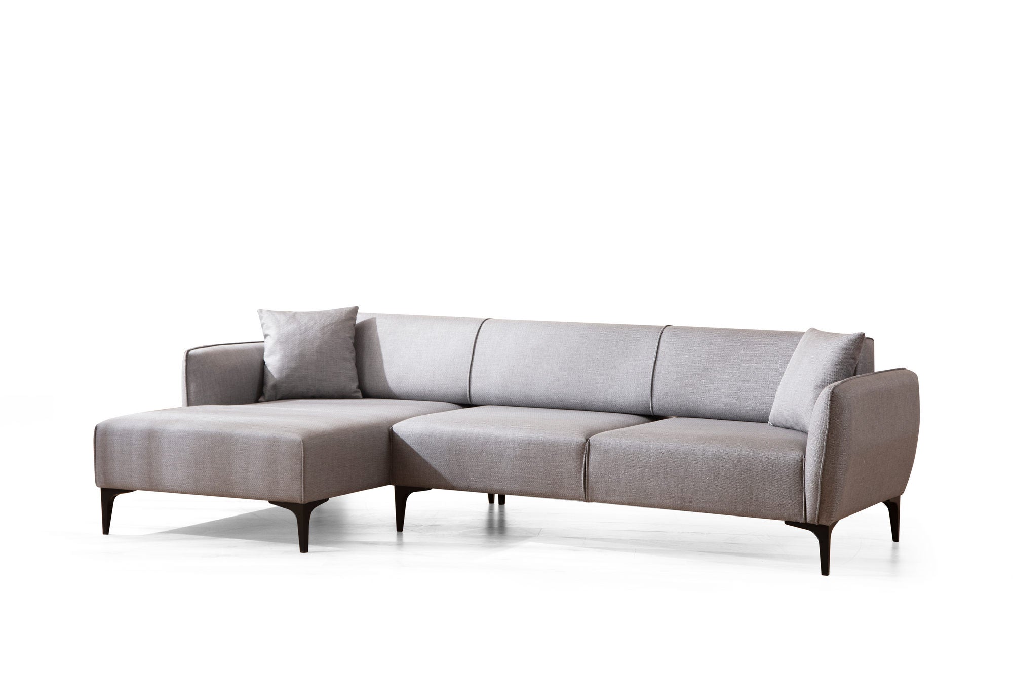Sofá de canto elegante, cinza, 140 x 270 cm | Estrutura em madeira de faia e aglomerado, tecido 100% poliéster | Encosto giratório, 2 almofadas incluídas, design escandinavo moderno