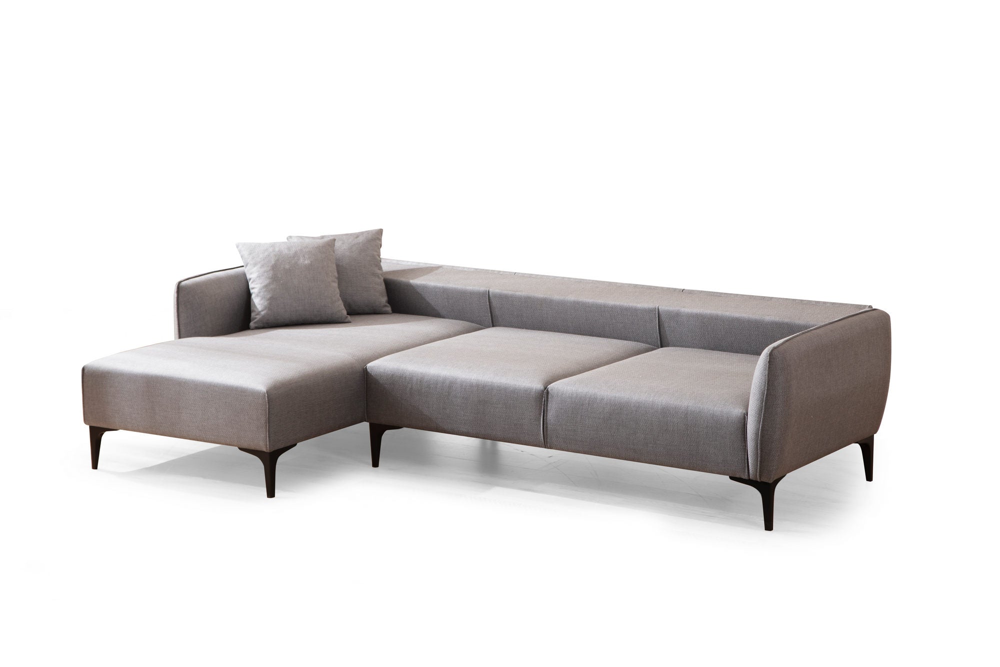 Sofá de canto elegante, cinza, 140 x 270 cm | Estrutura em madeira de faia e aglomerado, tecido 100% poliéster | Encosto giratório, 2 almofadas incluídas, design escandinavo moderno