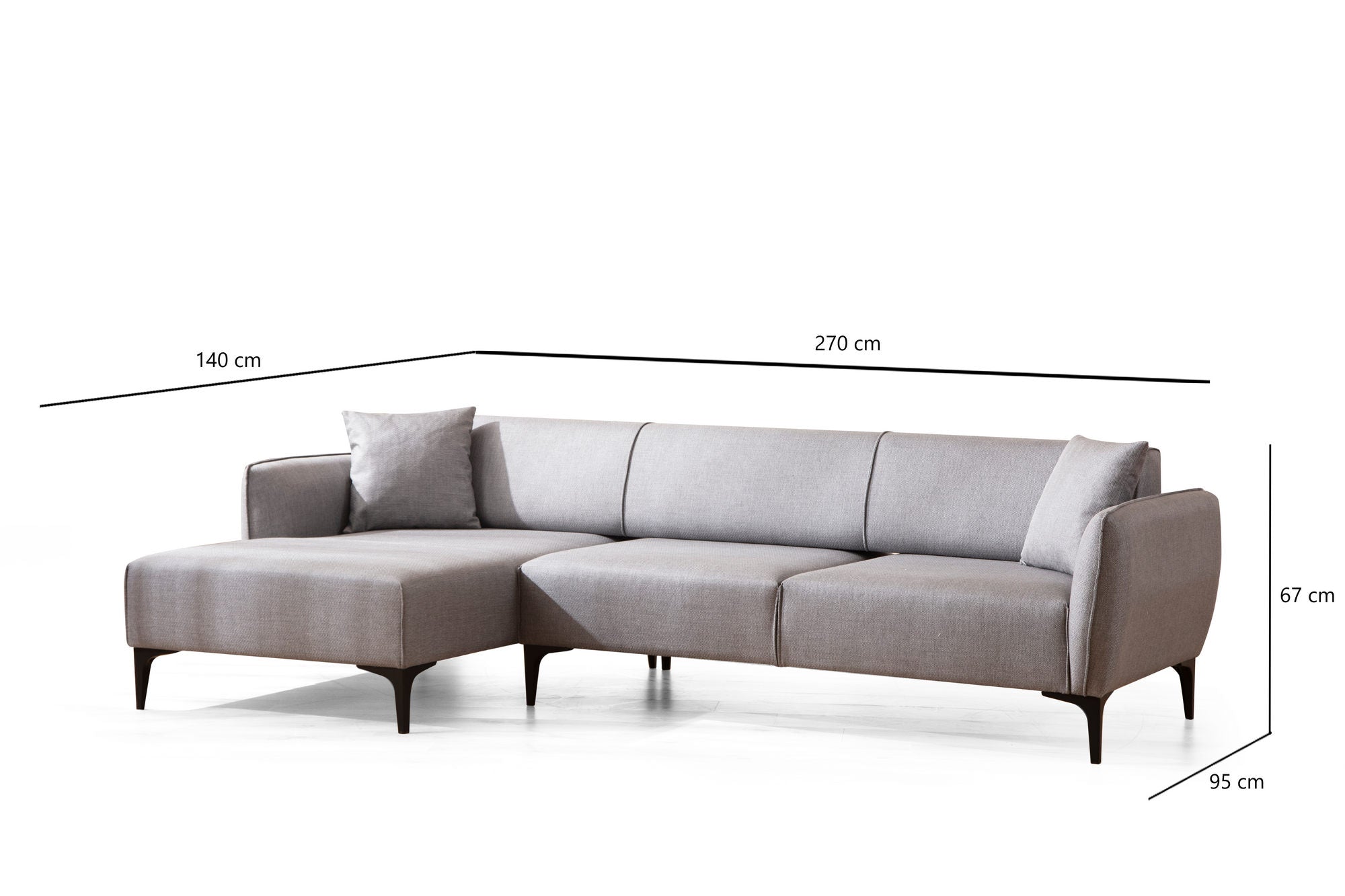 Sofá de canto elegante, cinza, 140 x 270 cm | Estrutura em madeira de faia e aglomerado, tecido 100% poliéster | Encosto giratório, 2 almofadas incluídas, design escandinavo moderno