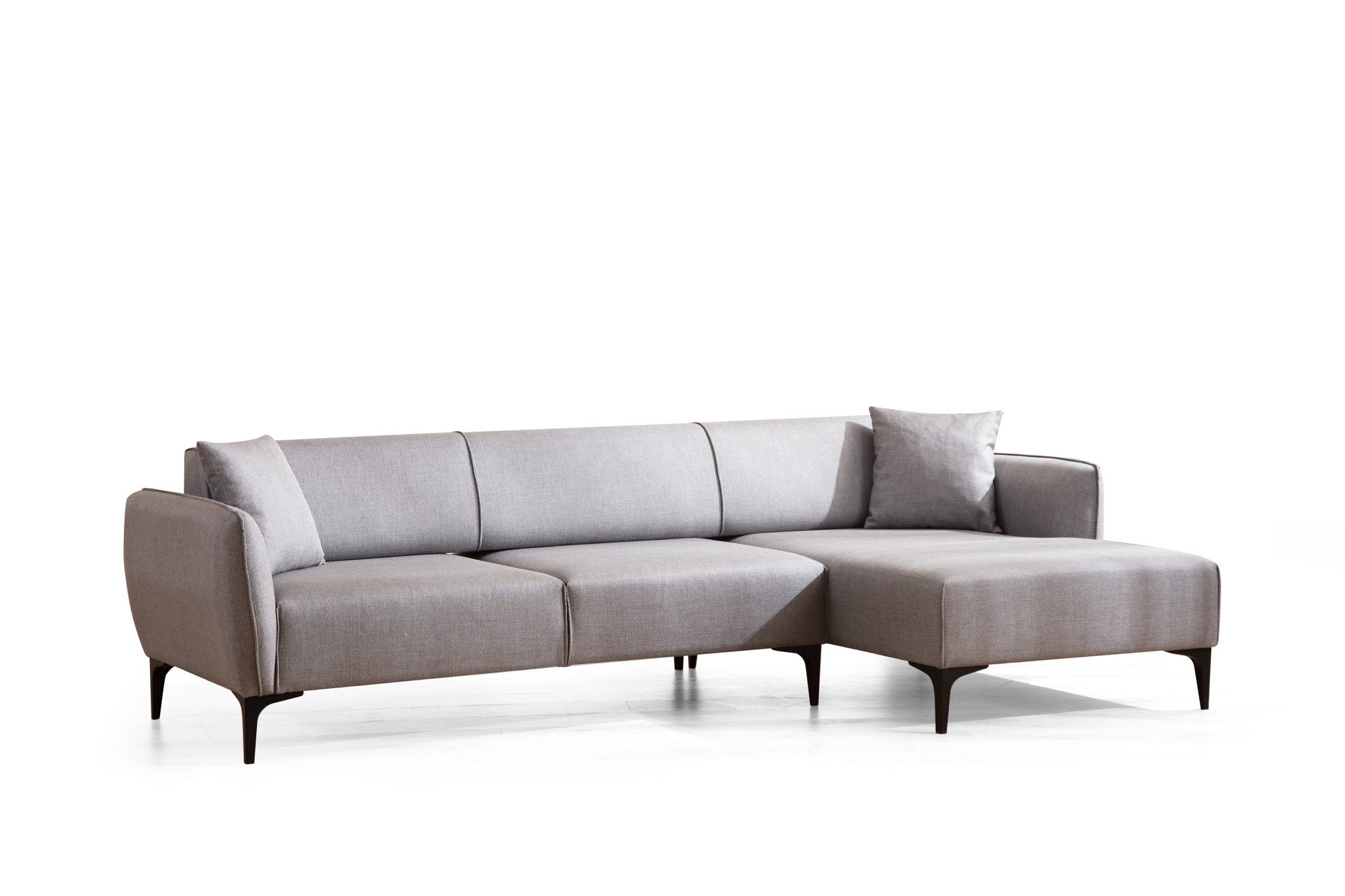 Sofá de canto elegante, cinza, 270 x 140 cm | Estrutura em madeira de faia e aglomerado, tecido 100% poliéster | Encosto giratório, 2 almofadas incluídas, design escandinavo moderno