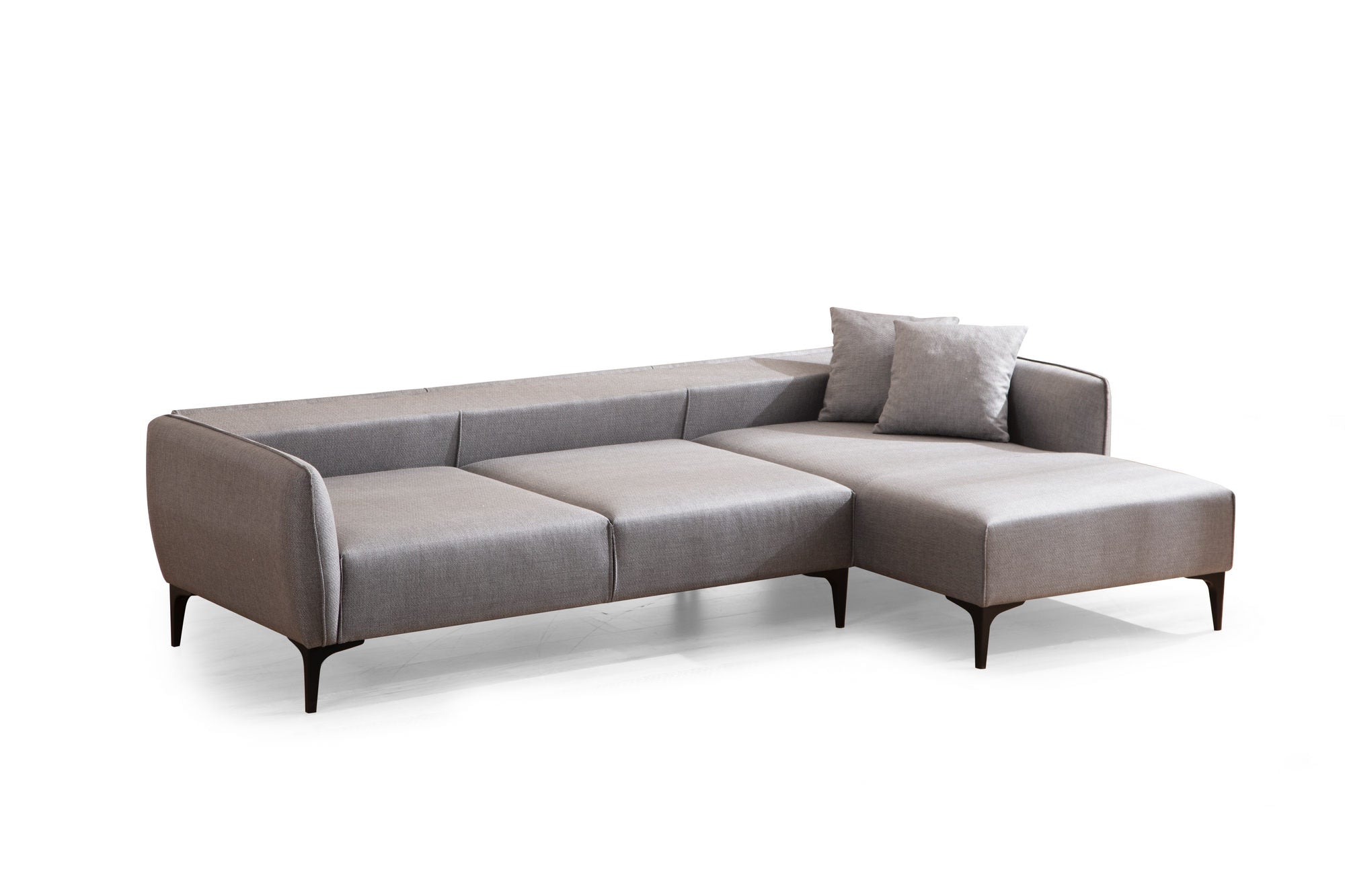Sofá de canto elegante, cinza, 270 x 140 cm | Estrutura em madeira de faia e aglomerado, tecido 100% poliéster | Encosto giratório, 2 almofadas incluídas, design escandinavo moderno