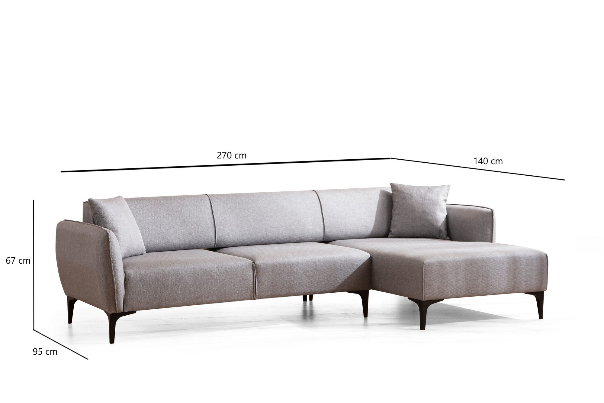 Sofá de canto elegante, cinza, 270 x 140 cm | Estrutura em madeira de faia e aglomerado, tecido 100% poliéster | Encosto giratório, 2 almofadas incluídas, design escandinavo moderno
