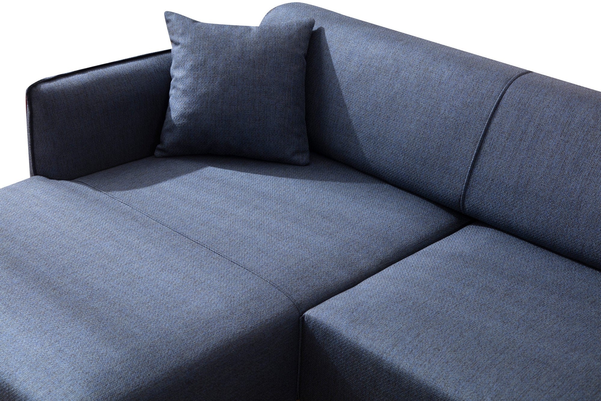 Sofá de canto elegante em azul, estrutura de madeira de faia e aglomerado, 140 x 270 cm | 100% poliéster, encosto giratório, inclui 2 almofadas | Design escandinavo moderno