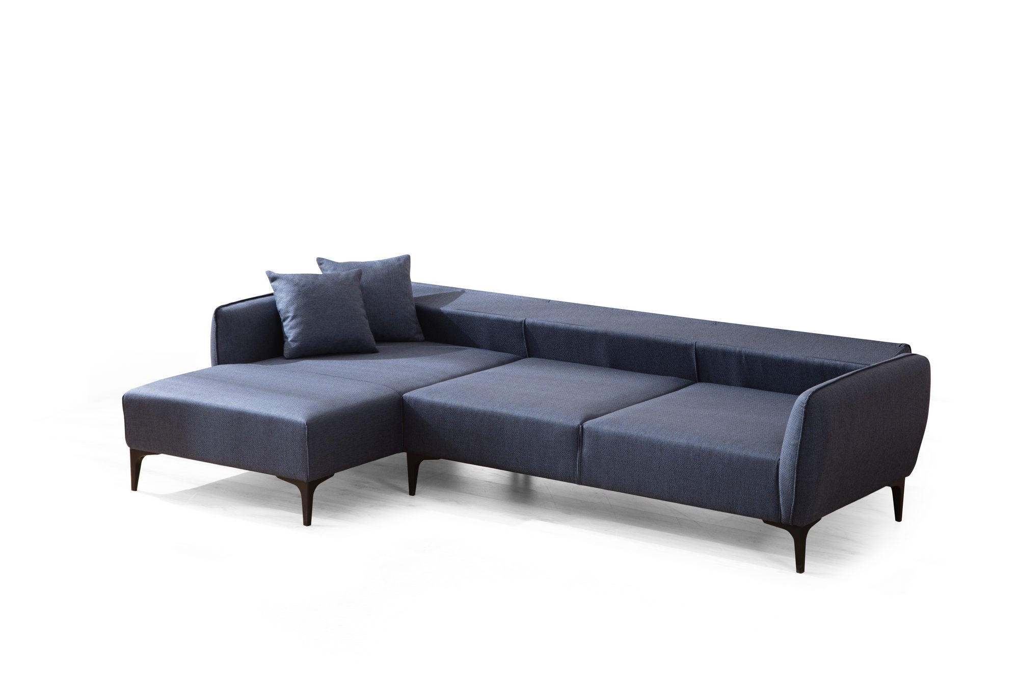 Sofá de canto elegante em azul, estrutura de madeira de faia e aglomerado, 140 x 270 cm | 100% poliéster, encosto giratório, inclui 2 almofadas | Design escandinavo moderno