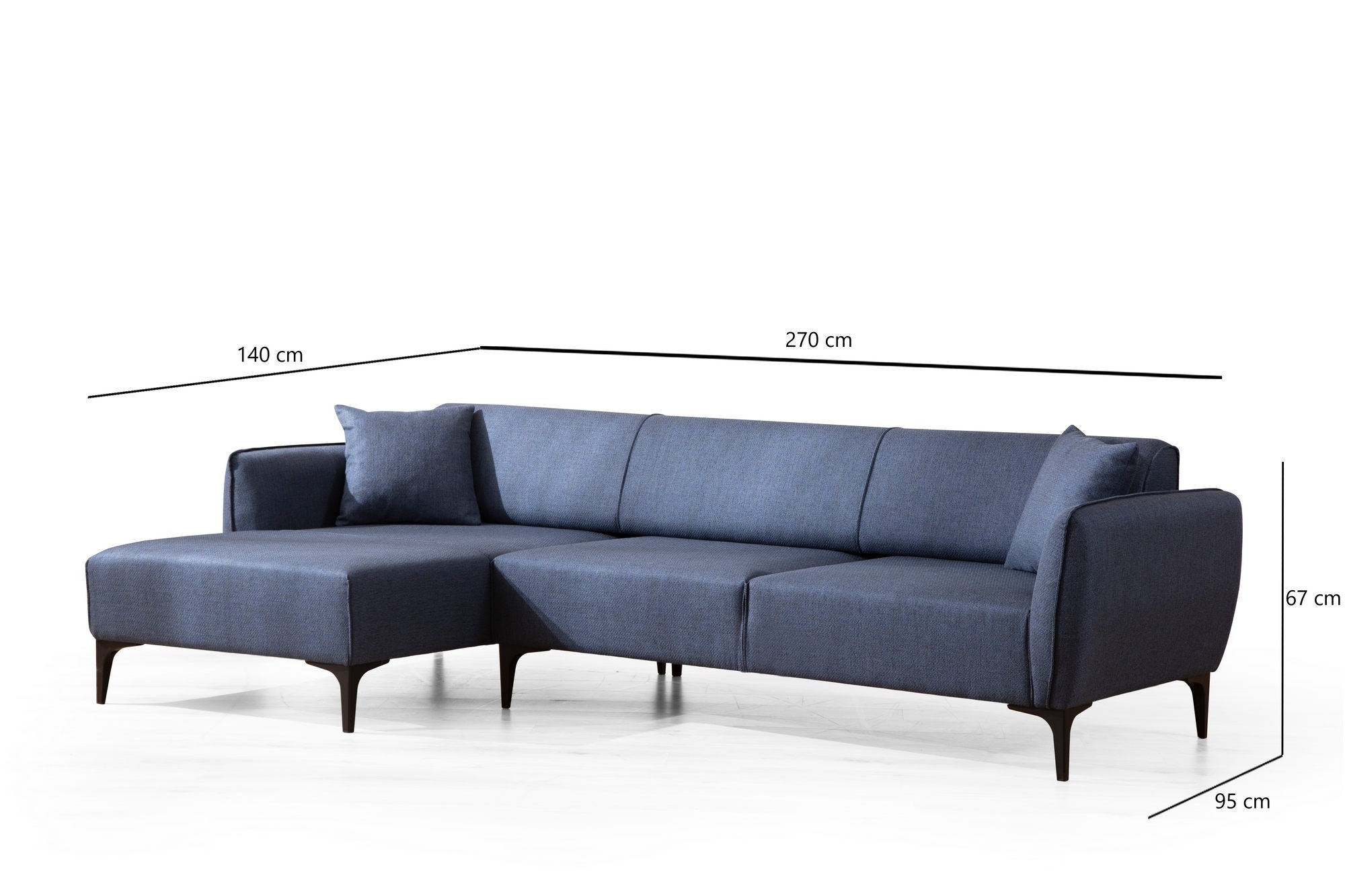 Sofá de canto elegante em azul, estrutura de madeira de faia e aglomerado, 140 x 270 cm | 100% poliéster, encosto giratório, inclui 2 almofadas | Design escandinavo moderno