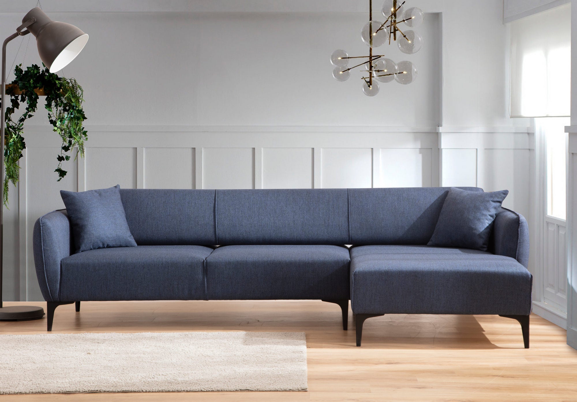 Sofá de canto elegante em azul, estrutura de madeira de faia e aglomerado, 270 x 140 cm | 100% poliéster, encosto giratório, inclui 2 almofadas | Design escandinavo moderno
