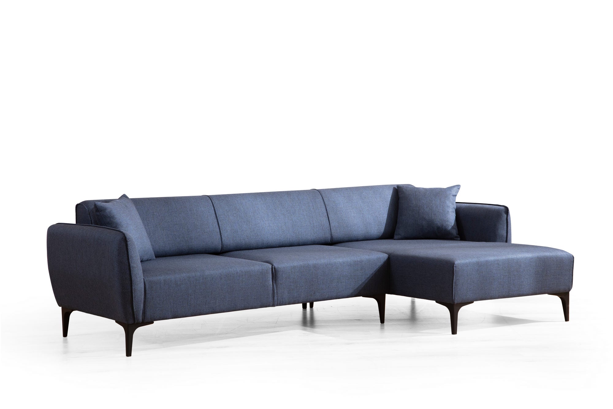 Sofá de canto elegante em azul, estrutura de madeira de faia e aglomerado, 270 x 140 cm | 100% poliéster, encosto giratório, inclui 2 almofadas | Design escandinavo moderno