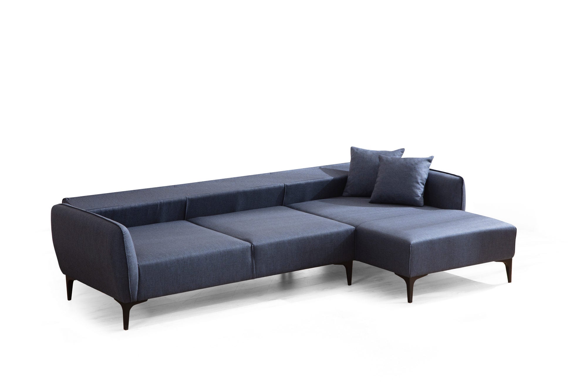 Sofá de canto elegante em azul, estrutura de madeira de faia e aglomerado, 270 x 140 cm | 100% poliéster, encosto giratório, inclui 2 almofadas | Design escandinavo moderno