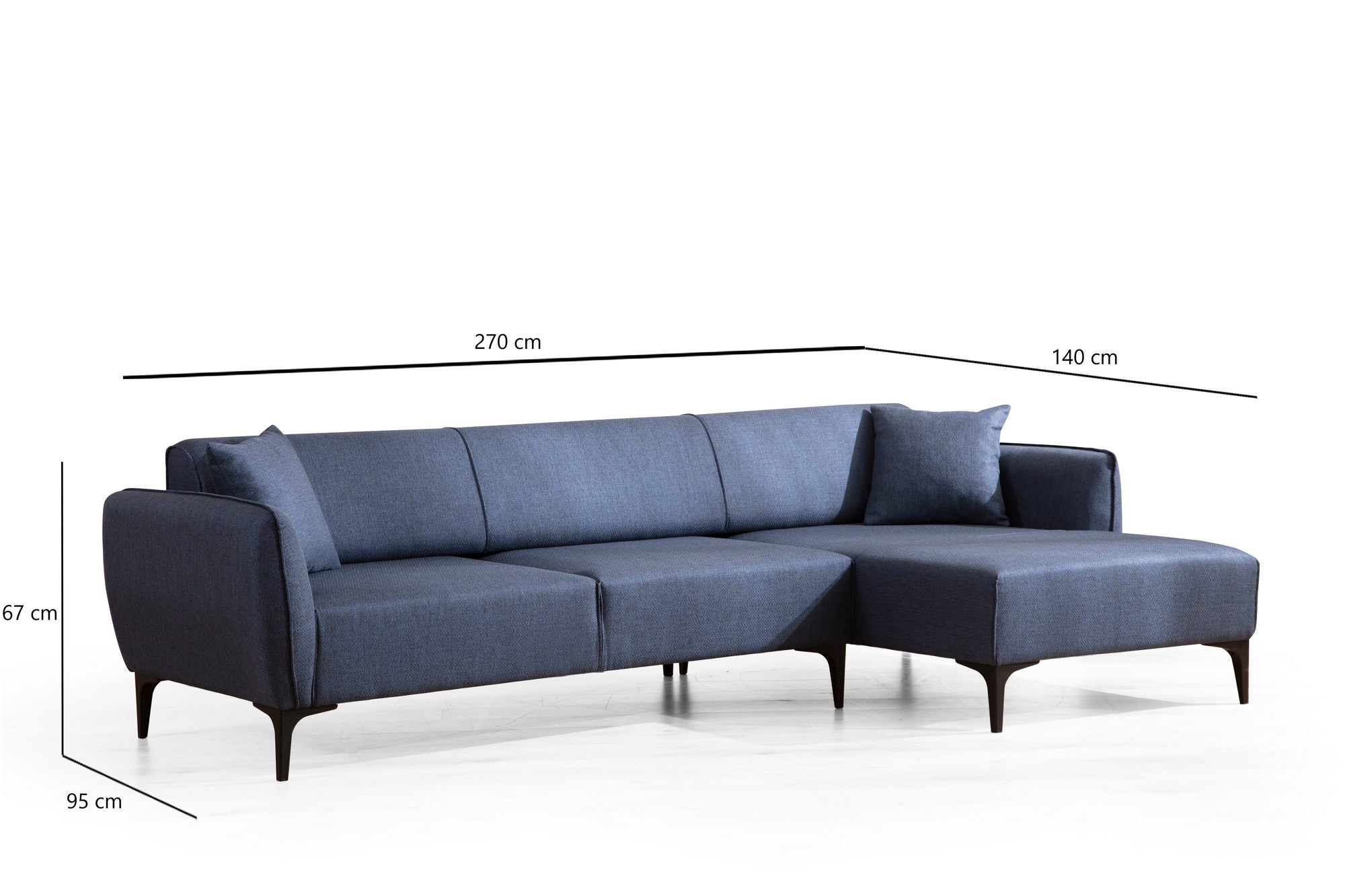 Sofá de canto elegante em azul, estrutura de madeira de faia e aglomerado, 270 x 140 cm | 100% poliéster, encosto giratório, inclui 2 almofadas | Design escandinavo moderno