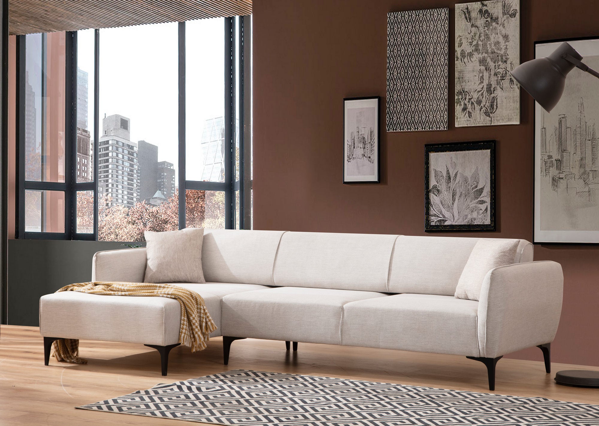 Sofá de canto elegante, branco-sujo, 140 x 270 cm | Estrutura em madeira de faia e aglomerado, 100% poliéster, encosto giratório, inclui 2 almofadas | Design escandinavo moderno