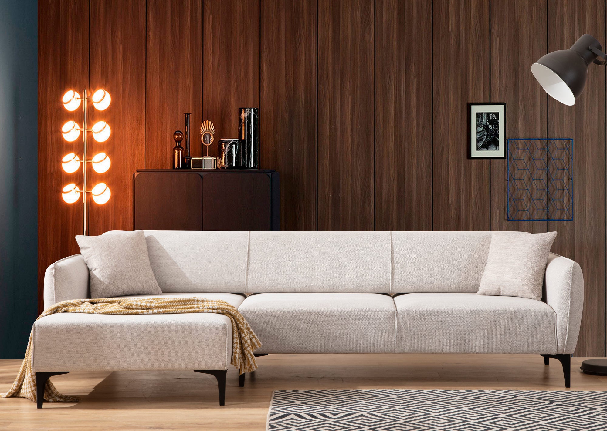 Sofá de canto elegante, branco-sujo, 140 x 270 cm | Estrutura em madeira de faia e aglomerado, 100% poliéster, encosto giratório, inclui 2 almofadas | Design escandinavo moderno