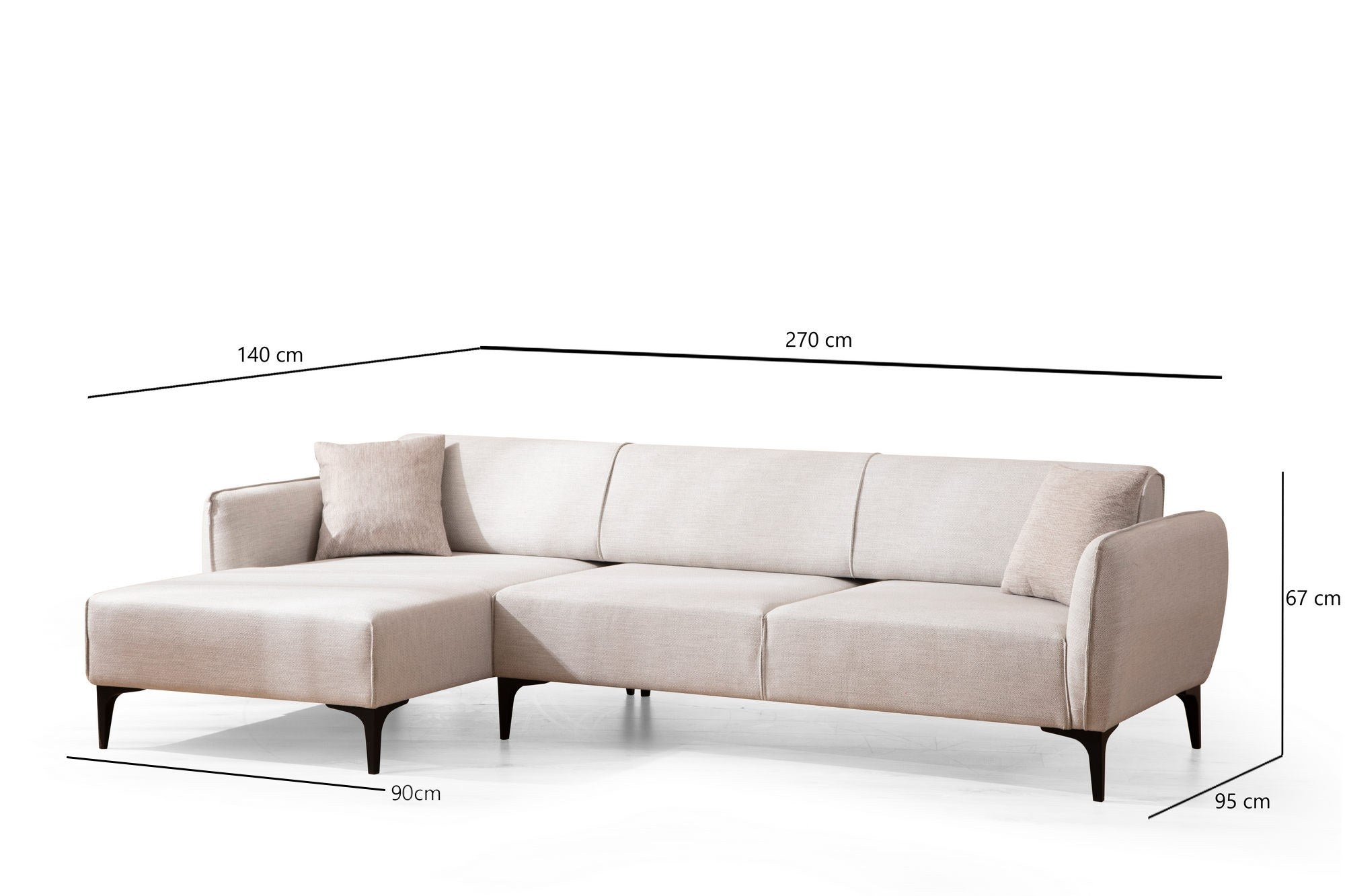 Sofá de canto elegante, branco-sujo, 140 x 270 cm | Estrutura em madeira de faia e aglomerado, 100% poliéster, encosto giratório, inclui 2 almofadas | Design escandinavo moderno