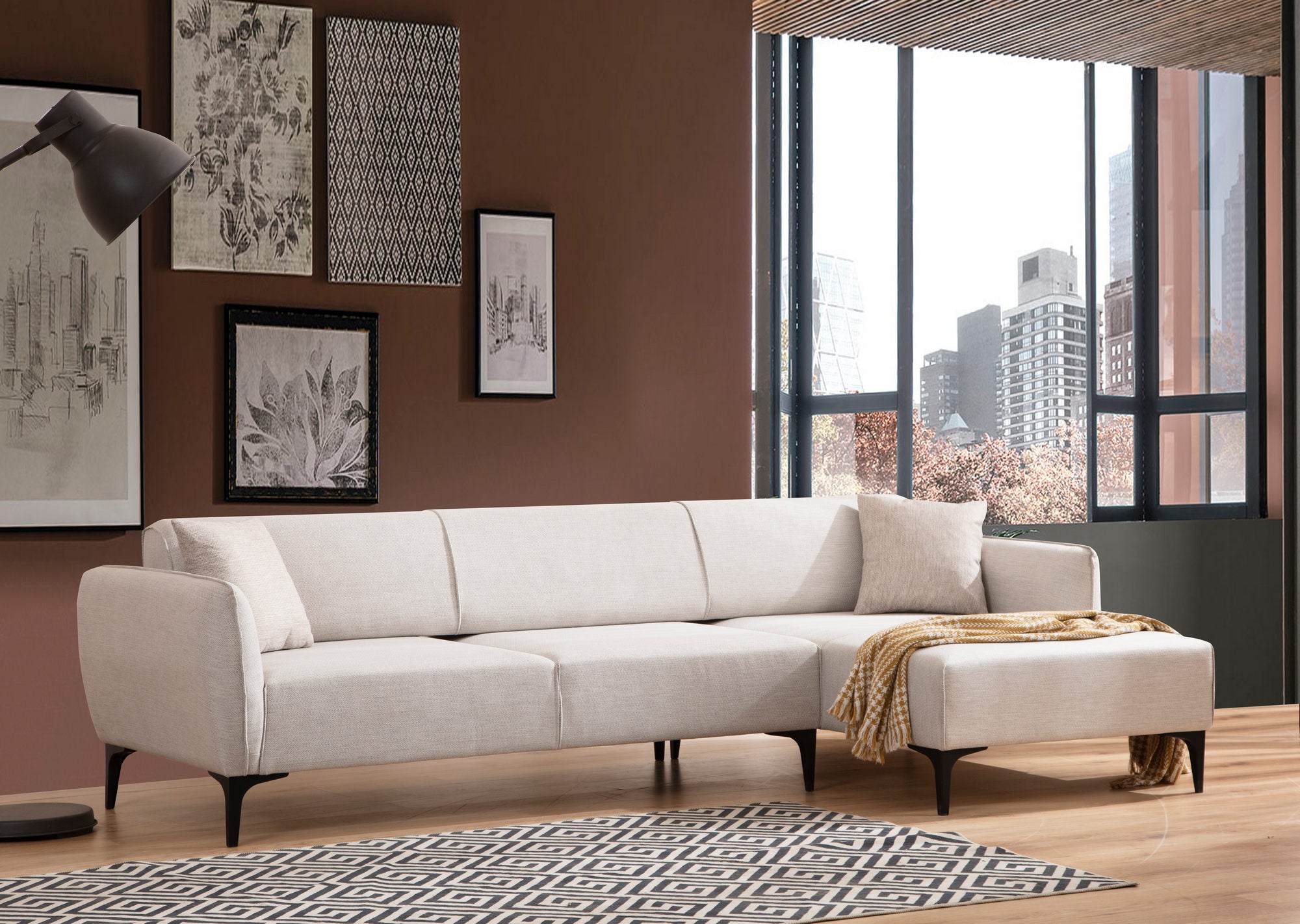 Sofá de canto elegante, branco-sujo, 270 x 140 cm | Estrutura em madeira de faia e aglomerado, 100% poliéster, encosto giratório, inclui 2 almofadas | Design escandinavo moderno