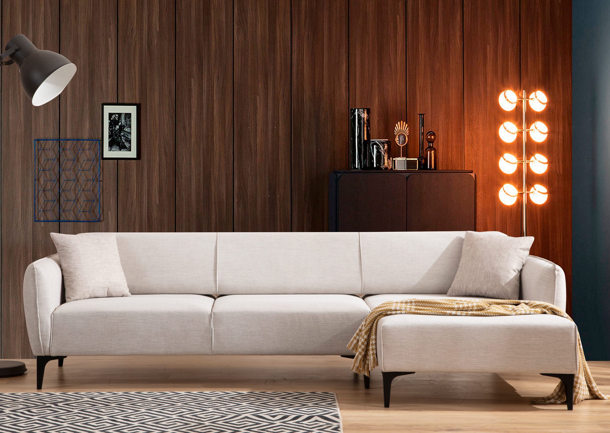 Sofá de canto elegante, branco-sujo, 270 x 140 cm | Estrutura em madeira de faia e aglomerado, 100% poliéster, encosto giratório, inclui 2 almofadas | Design escandinavo moderno