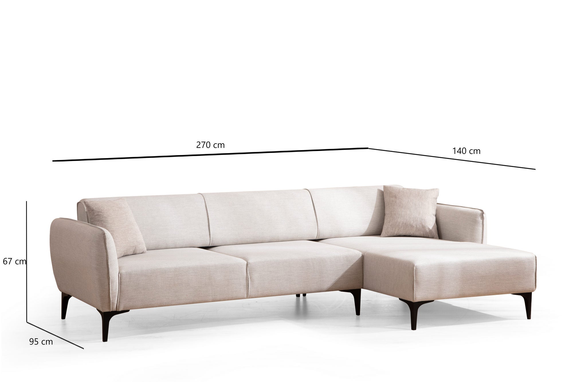 Sofá de canto elegante, branco-sujo, 270 x 140 cm | Estrutura em madeira de faia e aglomerado, 100% poliéster, encosto giratório, inclui 2 almofadas | Design escandinavo moderno