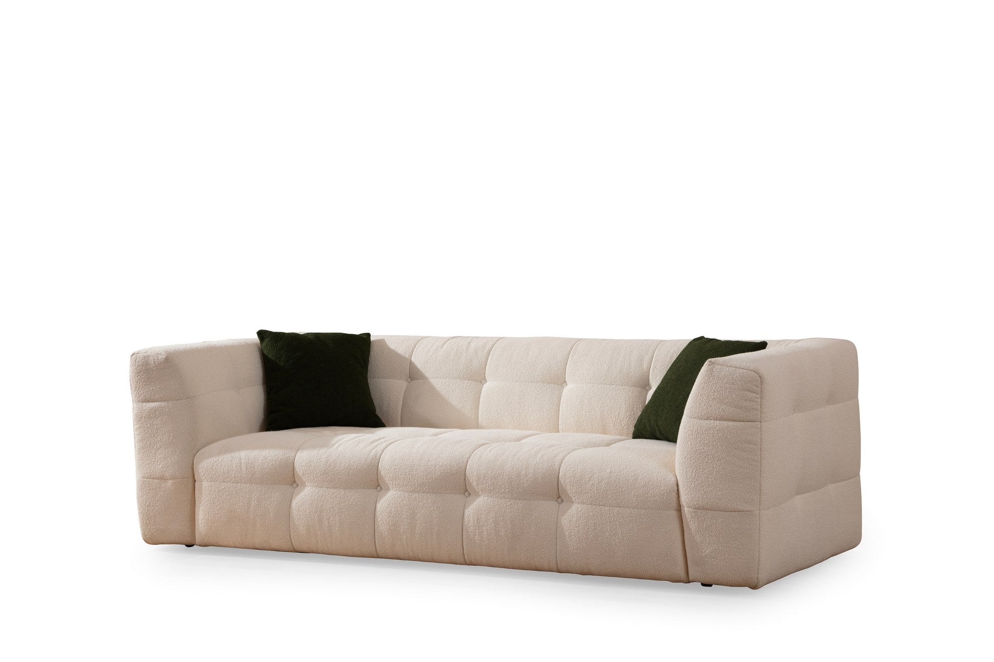 Sofá elegante de 3 lugares, bege, 235 x 100 x 72 cm | Estrutura em madeira de faia e aglomerado, 100% poliéster, espuma 28 DNS | Almofadas fixas, design elegante e confortável