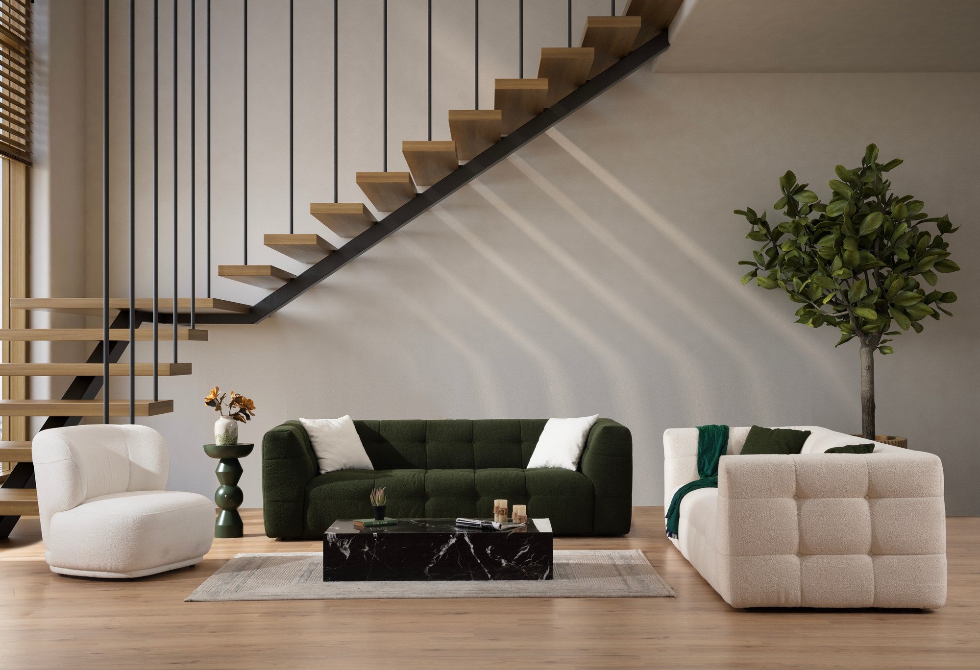 Sofá elegante de 3 lugares, verde, 235 x 100 x 72 cm | Estrutura em madeira de faia e aglomerado, 100% poliéster, espuma 28 DNS | Almofadas fixas, tecido lavável a seco
