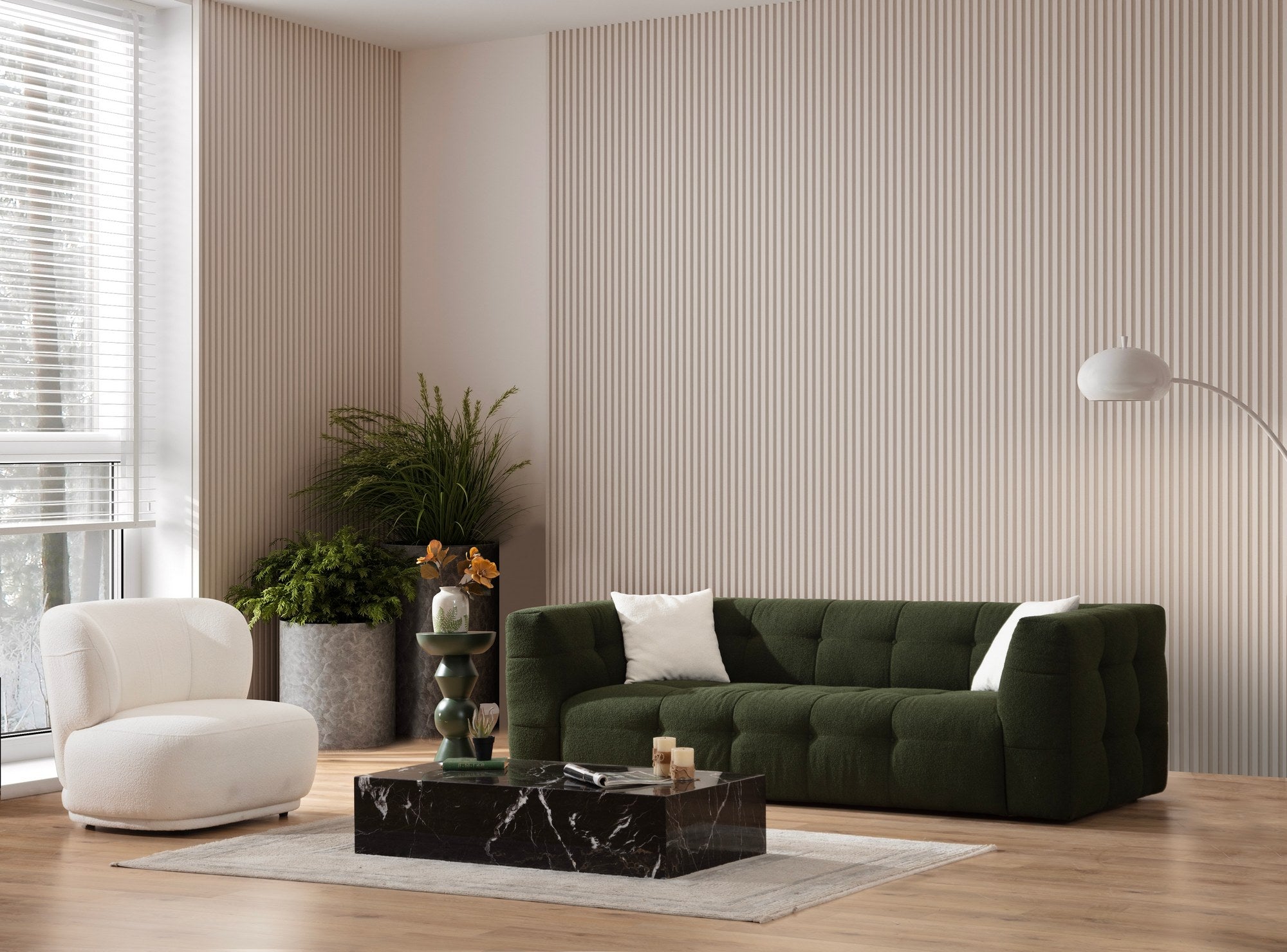 Sofá elegante de 3 lugares, verde, 235 x 100 x 72 cm | Estrutura em madeira de faia e aglomerado, 100% poliéster, espuma 28 DNS | Almofadas fixas, tecido lavável a seco