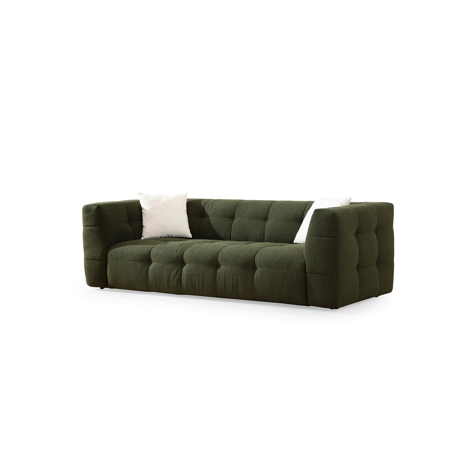 Sofá elegante de 3 lugares, verde, 235 x 100 x 72 cm | Estrutura em madeira de faia e aglomerado, 100% poliéster, espuma 28 DNS | Almofadas fixas, tecido lavável a seco
