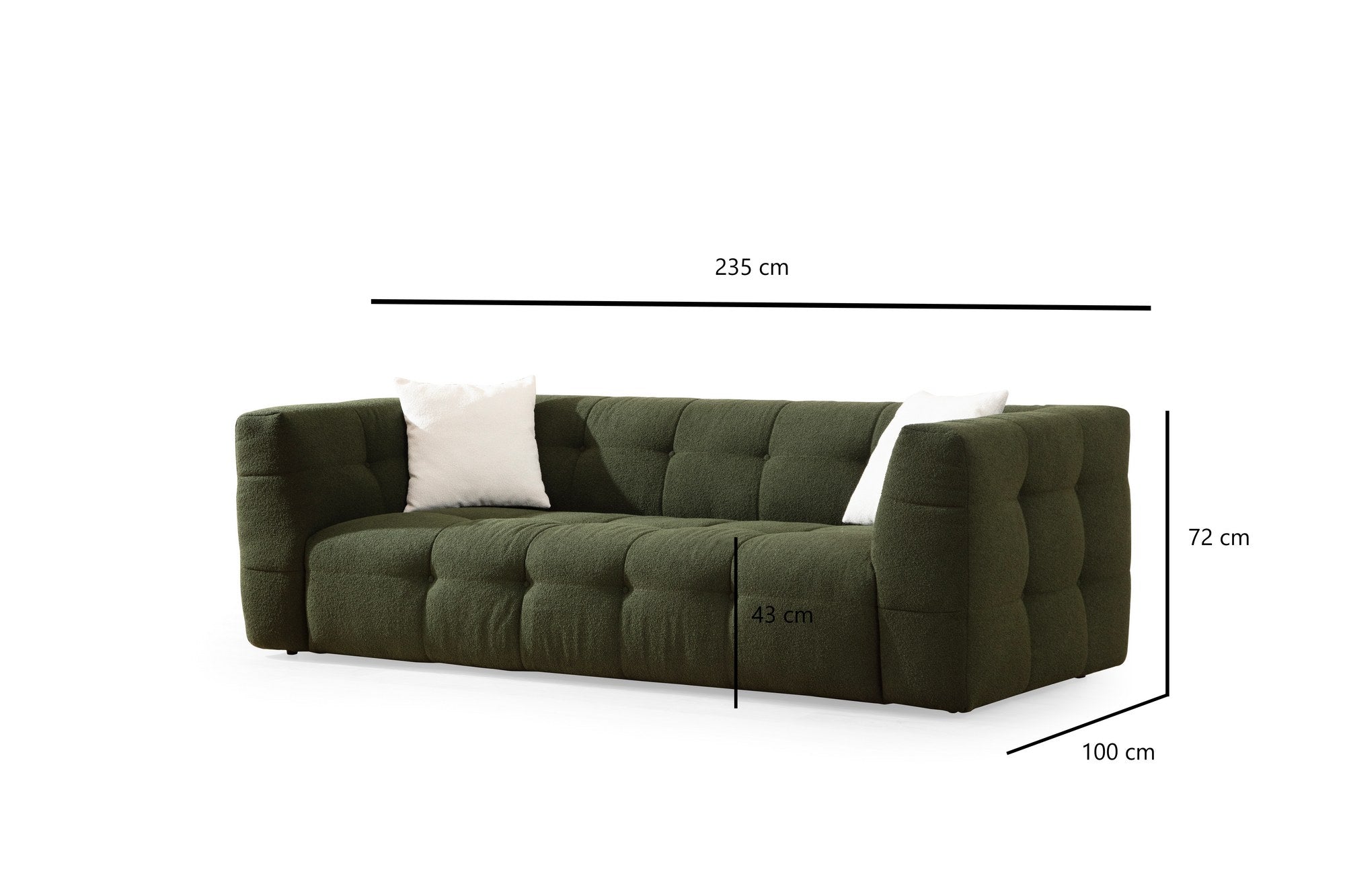 Sofá elegante de 3 lugares, verde, 235 x 100 x 72 cm | Estrutura em madeira de faia e aglomerado, 100% poliéster, espuma 28 DNS | Almofadas fixas, tecido lavável a seco