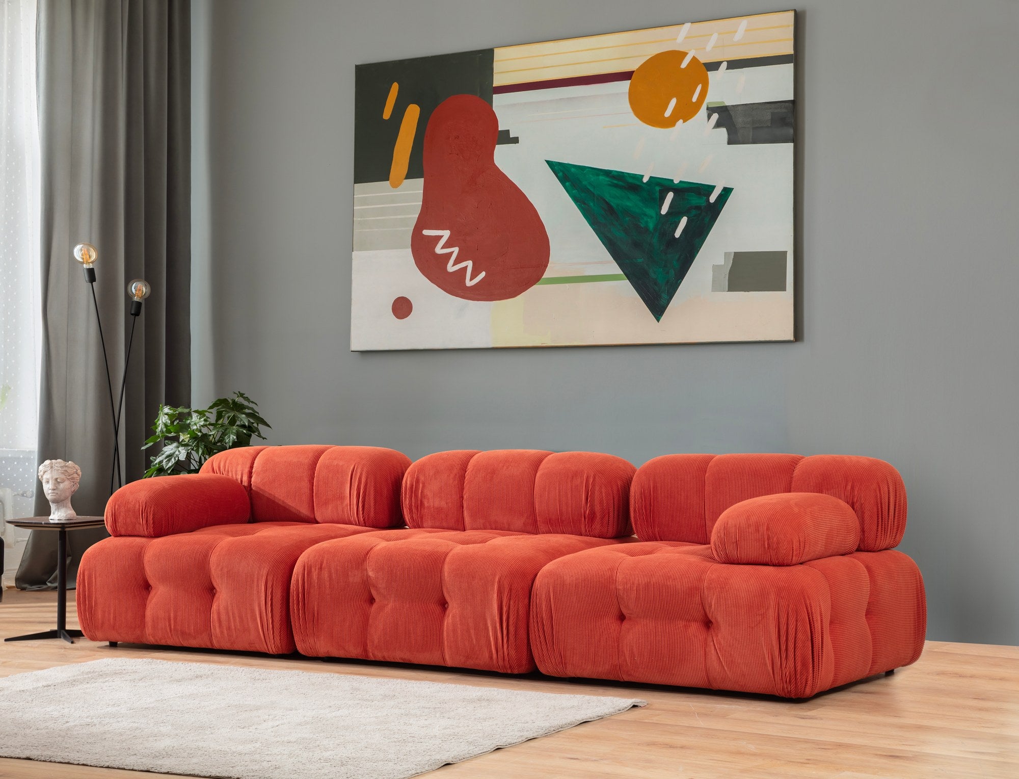 Sofá elegante de 3 lugares, vermelho, 300 x 100 x 80 cm | Estrutura em madeira de faia e aglomerado, 100% poliéster, espuma 28 DNS | Design moderno com mecanismo de mudança