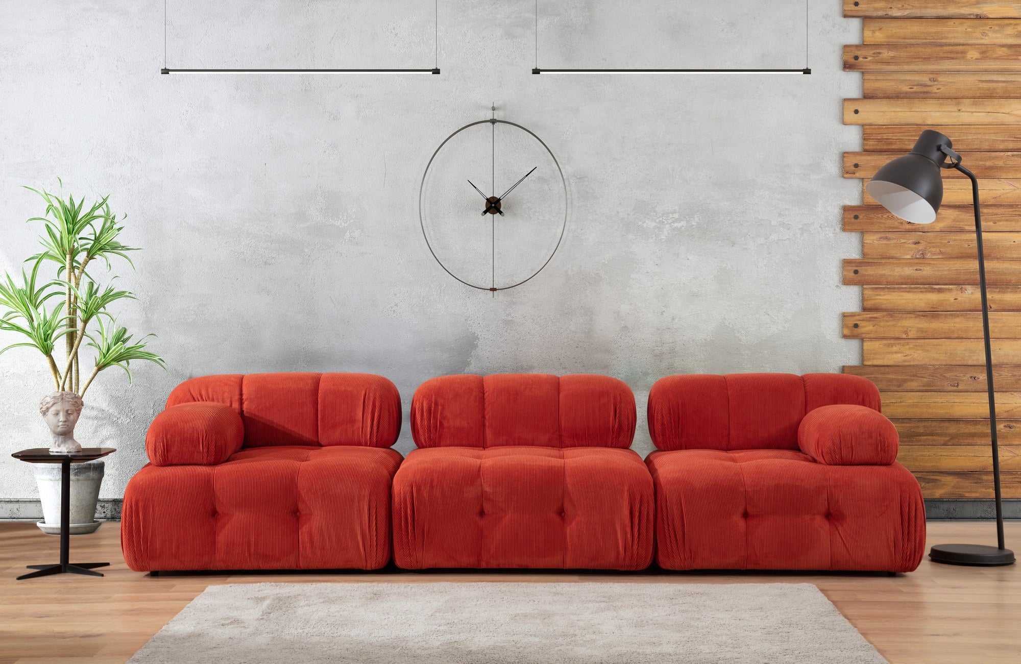 Sofá elegante de 3 lugares, vermelho, 300 x 100 x 80 cm | Estrutura em madeira de faia e aglomerado, 100% poliéster, espuma 28 DNS | Design moderno com mecanismo de mudança