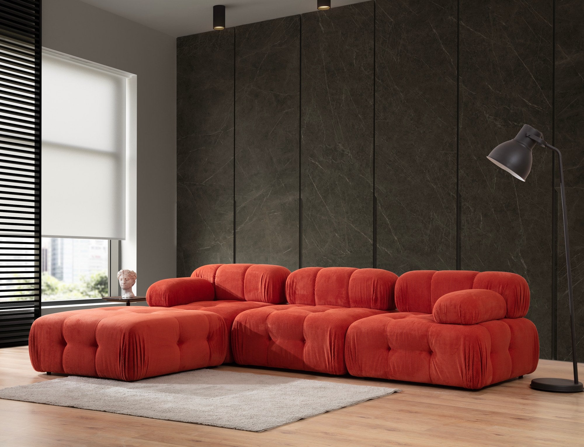 Sofá de canto vermelho elegante, 300x200 cm | Estrutura em madeira de faia e aglomerado, 100% poliéster, espuma 28 DNS | Design moderno com mecanismo de mudança e tecido lavável a seco