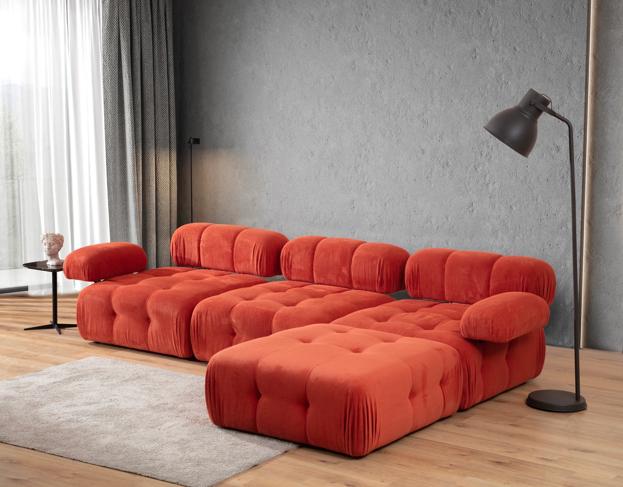 Sofá de canto vermelho elegante, 300x200 cm | Estrutura em madeira de faia e aglomerado, 100% poliéster, espuma 28 DNS | Design moderno com mecanismo de mudança e tecido lavável a seco