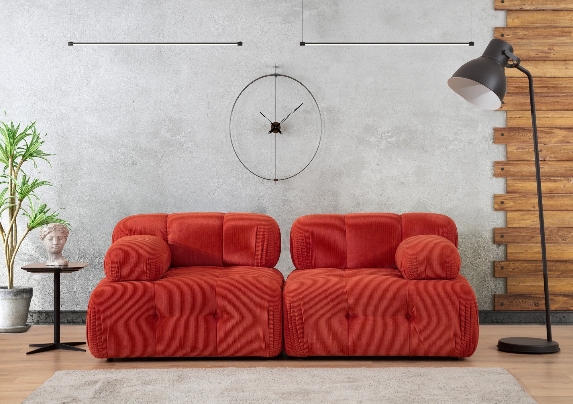 Sofá elegante de 2 lugares, vermelho, 200 x 100 x 80 cm | Estrutura em madeira de faia e aglomerado, 100% poliéster, espuma 28 DNS | Design moderno com mecanismo de mudança