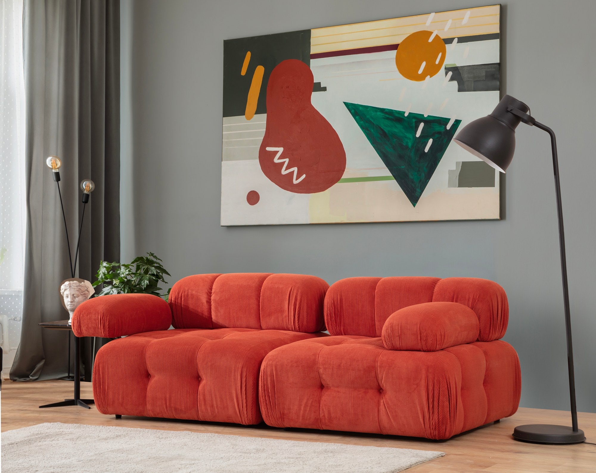 Sofá elegante de 2 lugares, vermelho, 200 x 100 x 80 cm | Estrutura em madeira de faia e aglomerado, 100% poliéster, espuma 28 DNS | Design moderno com mecanismo de mudança