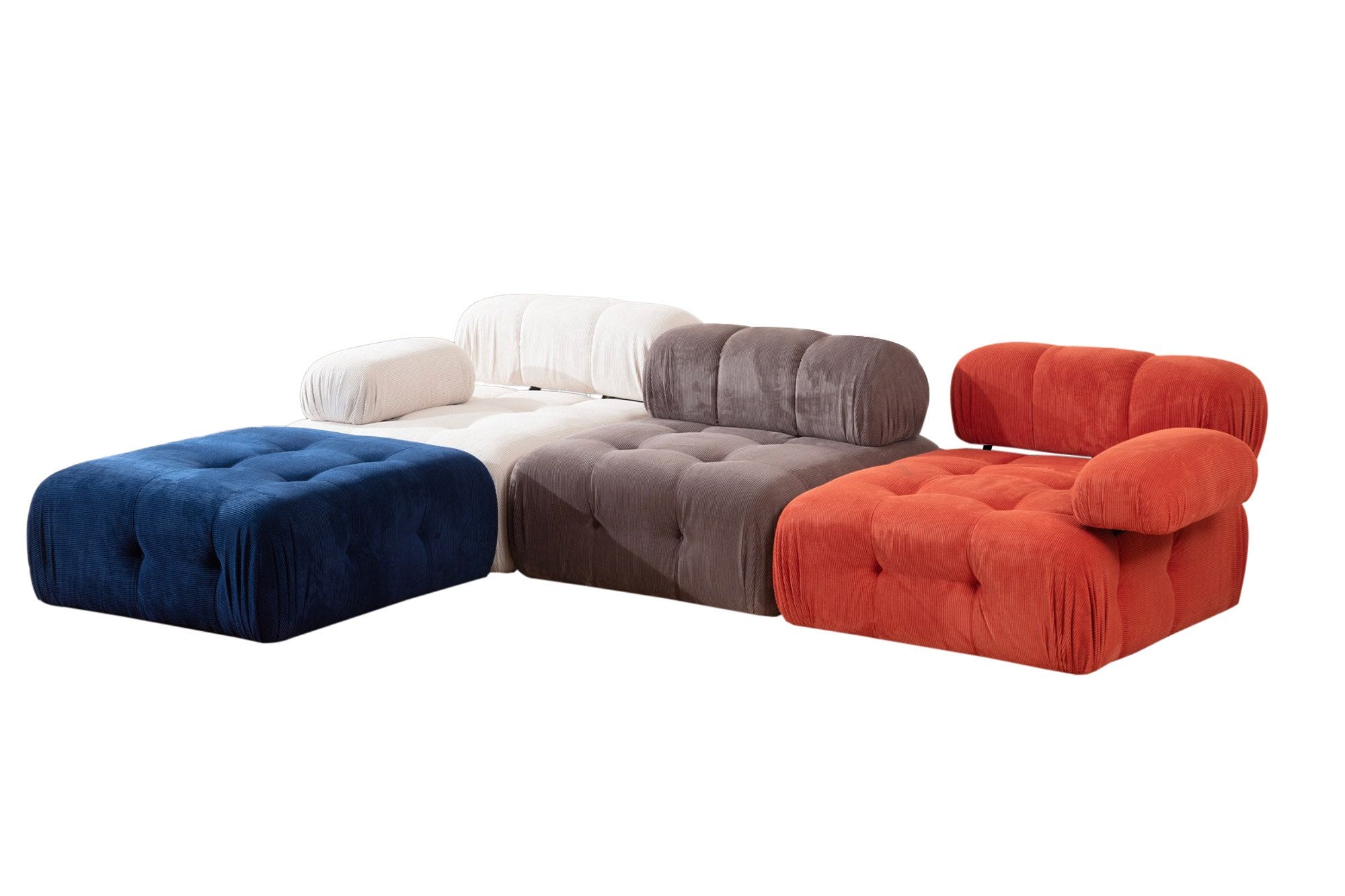 Sofá de canto elegante, estrutura de madeira de faia e aglomerado, 300x200 cm, 100% poliéster, espuma macia, mecanismo de mudança, vermelho/branco/azul/cinza | Conforto moderno