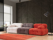 Sofá elegante de 3 lugares, estrutura de madeira de faia e aglomerado, 300 cm | Espuma cinza macia, tecido vermelho/branco/cinza, lavável a seco | Design moderno para sala de estar